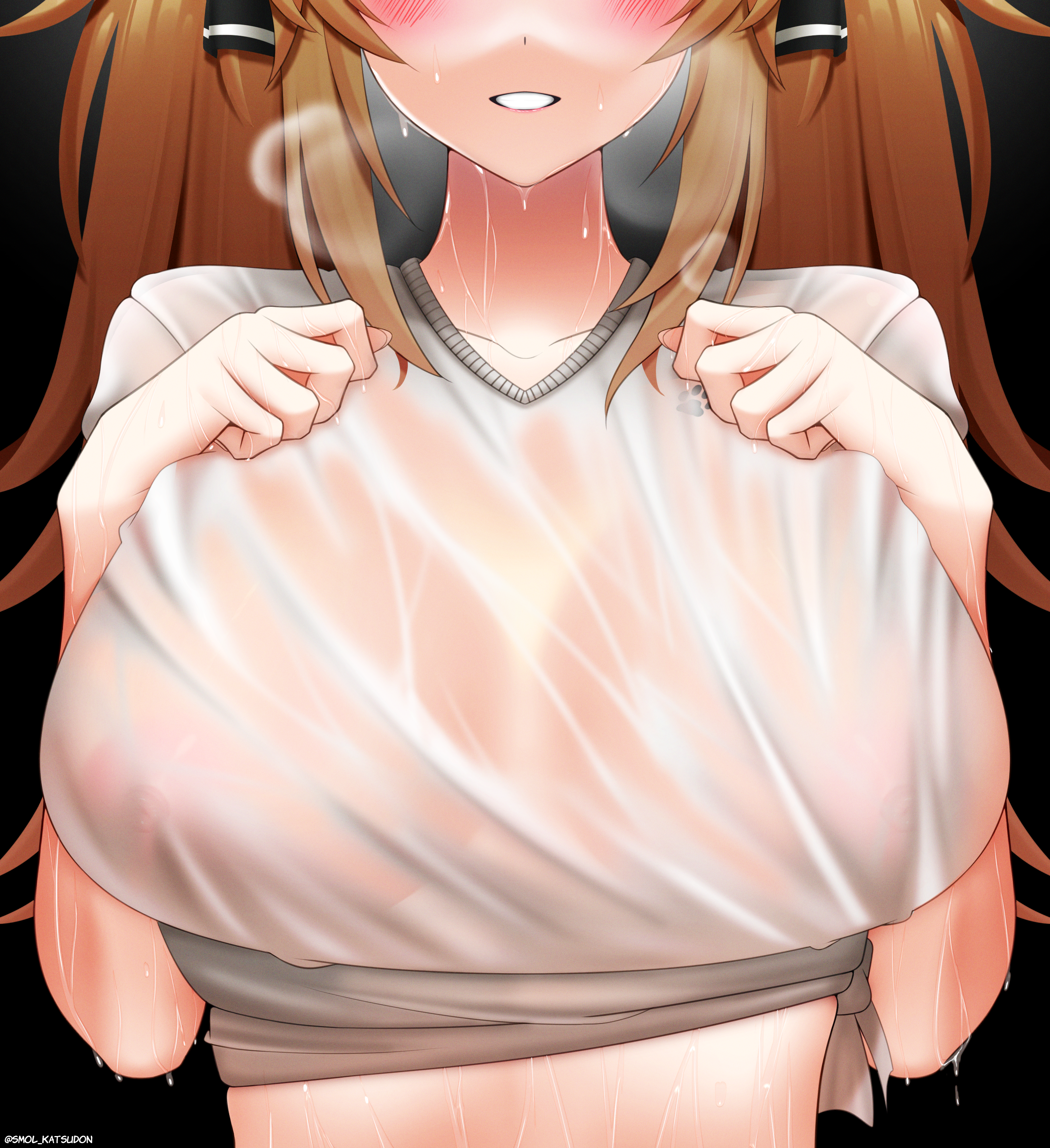 45sensei, lenna (girls' frontline 2), ump9 (girls' frontline), girls' frontline, girls' frontline 2: exilium, absurdres, highres, 1girl, black ribbon, blush, breasts, breasts apart, brown hair, close-up, covered erect nipples, english text, grin, hair ribbon, hand on own chest, hands up, head out of frame, large breasts, long hair, nipples, no bra, orange hair, ribbon, see-through clothes, see-through shirt, shirt, smile, solo, twintails, upper body, very long hair, wet, wet clothes, wet shirt