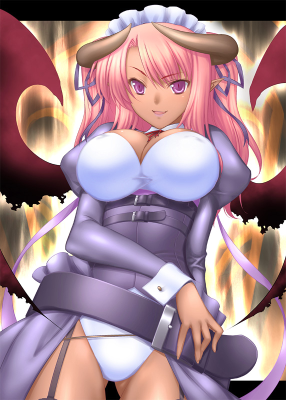 47agdragon, belt, breasts, dark-skinned female, dark skin, demon girl, demon wings, garter straps, horns, large breasts, long hair, maid headdress, multiple belts, pink hair, pointy ears, purple eyes, smirk, solo, wings