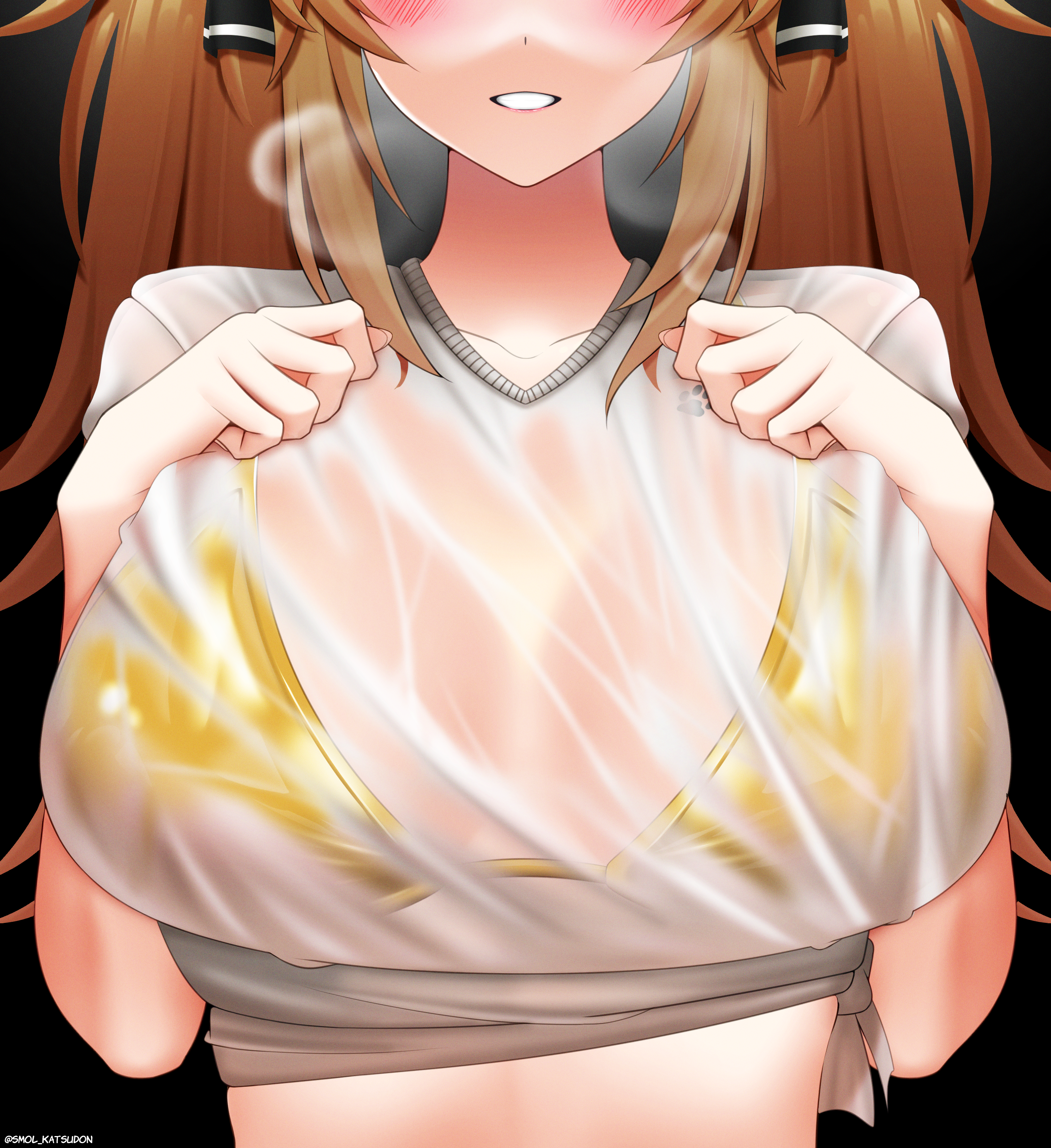 45sensei, lenna (girls' frontline 2), ump9 (girls' frontline), girls' frontline, girls' frontline 2: exilium, absurdres, highres, 1girl, bikini, bikini under clothes, black ribbon, blush, breasts, breasts apart, brown hair, close-up, english text, grin, hair ribbon, hand on own chest, hands up, head out of frame, large breasts, long hair, orange hair, ribbon, see-through clothes, see-through shirt, shirt, smile, solo, swimsuit, twintails, upper body, very long hair, wet, wet clothes, wet shirt, yellow bikini