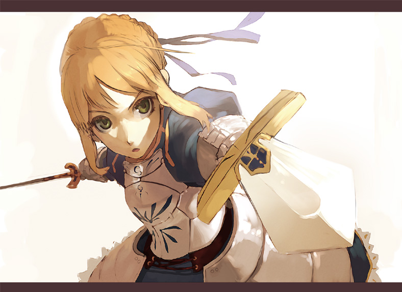 shirabi, artoria pendragon (fate), saber (fate), fate/stay night, fate (series), 00s, 1girl, ahoge, armor, blonde hair, braid, dual wielding, female focus, foreshortening, gauntlets, green eyes, hair bun, hair ribbon, holding, letterboxed, open mouth, ribbon, single hair bun, solo, sword, weapon