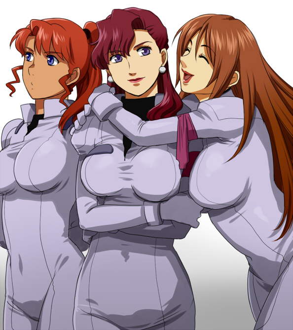 mizuhara aki, junko jenko, kate bush, mahalia merril, gundam, victory gundam, 1990s (style), 3girls, bodysuit, breasts, brown hair, dark-skinned female, dark skin, earrings, happy, hug, jewelry, large breasts, lipstick, long hair, makeup, multiple girls, red hair, shirt, smile, taut clothes, taut shirt