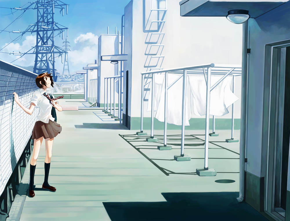 sunamako, original, 1girl, bag, bob cut, brown eyes, brown hair, day, dress shirt, female focus, miniskirt, necktie, outdoors, pleated skirt, scenery, school uniform, shirt, shoes, short hair, sidelocks, skirt, smile, socks, solo, standing, wind