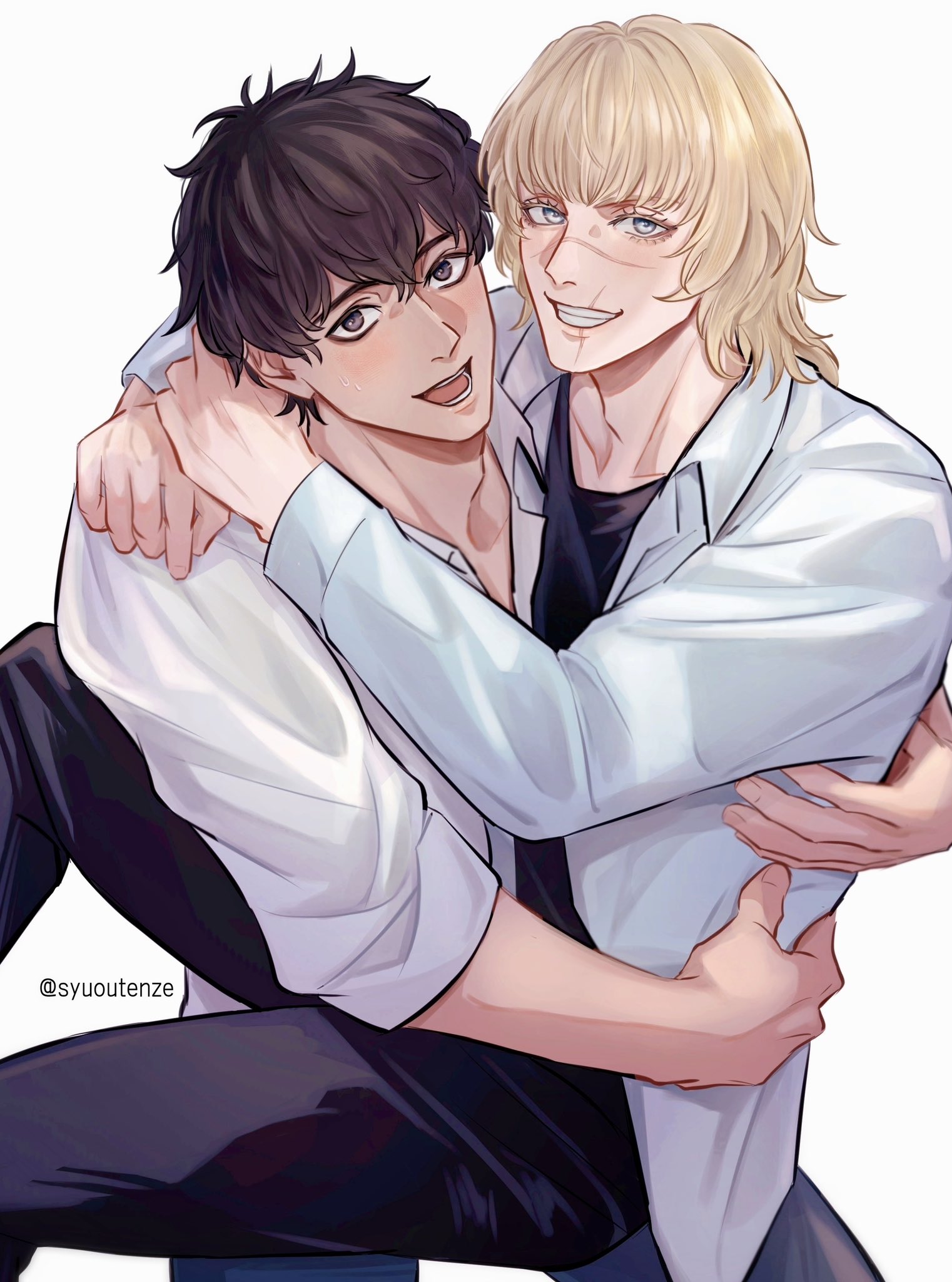 badeni, oczy, chi.: chikyuu no undou ni tsuite, highres, 2boys, alternate universe, arm around back, arms around neck, black hair, black shirt, blonde hair, blue eyes, collared shirt, contemporary, grey eyes, grey pants, grin, hair between eyes, hug, looking at viewer, male focus, medium hair, multiple boys, open mouth, pants, parted lips, scar, scar on face, scar on mouth, scar on nose, shirt, shirt under shirt, short hair, sitting, sitting on lap, sitting on person, sleeves rolled up, smile, syuoutenze, teeth, twitter username, upper body, white background, white shirt, yaoi