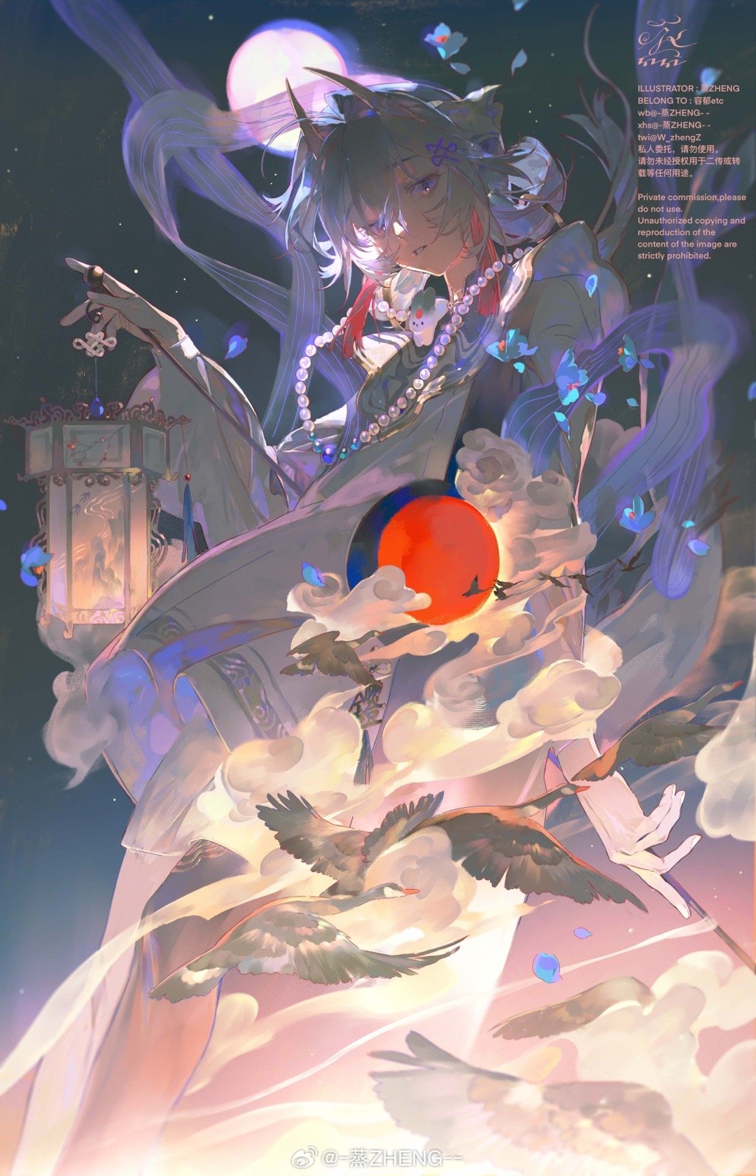 highres, non-web source, 1girl, bird, moon, white hair