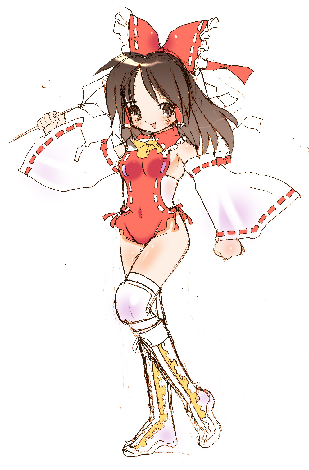 dei shirou, hakurei reimu, touhou, highres, 1girl, alternate costume, black hair, boots, breasts, detached sleeves, female focus, full body, gohei, knee pads, leotard, ribbon, sideboob, simple background, sketch, solo, white background