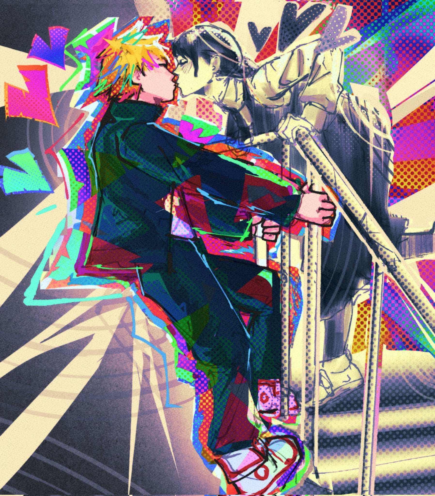 novuuuuuuuuuuuu, denji (chainsaw man), mitaka asa, chainsaw man, highres, 1boy, 1girl, black jacket, black pants, blonde hair, closed eyes, couple, dress, gakuran, heart, hetero, jacket, kiss, pants, partially colored, pinafore dress, railing, school uniform, short hair, sleeveless, sleeveless dress, stairs