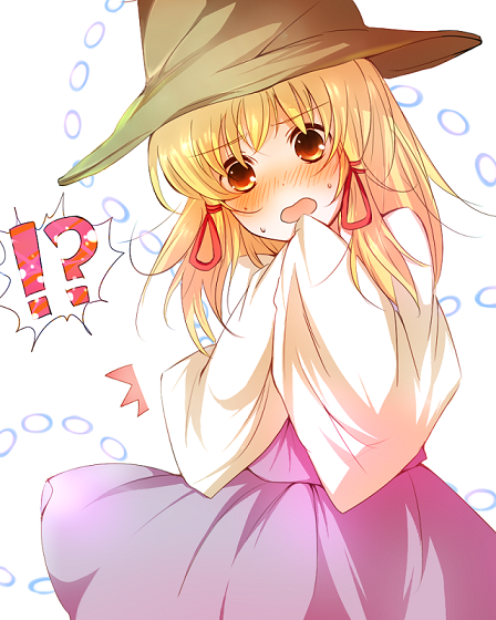 yatomi, moriya suwako, touhou, !?, 1girl, blonde hair, blush, female focus, hat, long sleeves, nervous, orange eyes, sleeves past wrists, solo, surprised, wide sleeves