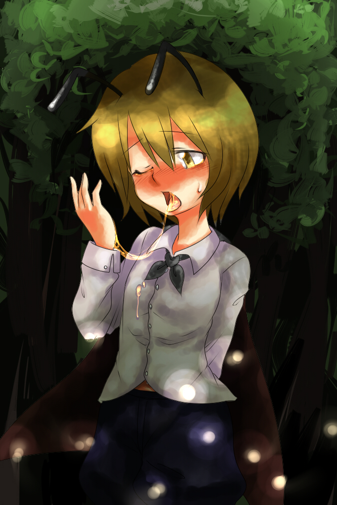 harusame (unmei no ikasumi), lunasa prismriver, wriggle nightbug, touhou, 1girl, antennae, blonde hair, blush, cosplay, female focus, honey, one eye closed, sexually suggestive, solo, wink, wriggle nightbug (cosplay), yellow eyes