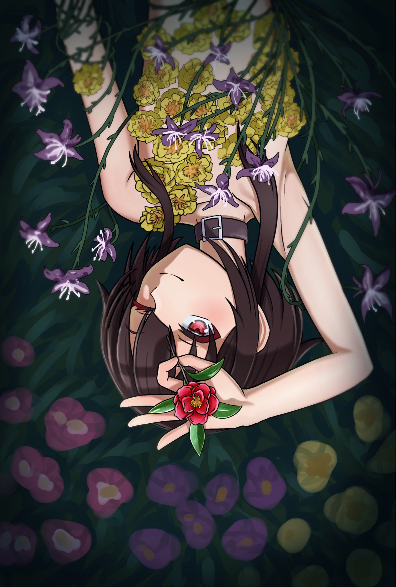 kawaseri1, megumin, chainsaw man, kono subarashii sekai ni shukufuku wo!, highres, 1girl, arm up, armpits, black choker, brown hair, choker, closed mouth, flower, lying, on back, one eye closed, pink flower, purple flower, red eyes, smile, solo, upside-down, yellow flower