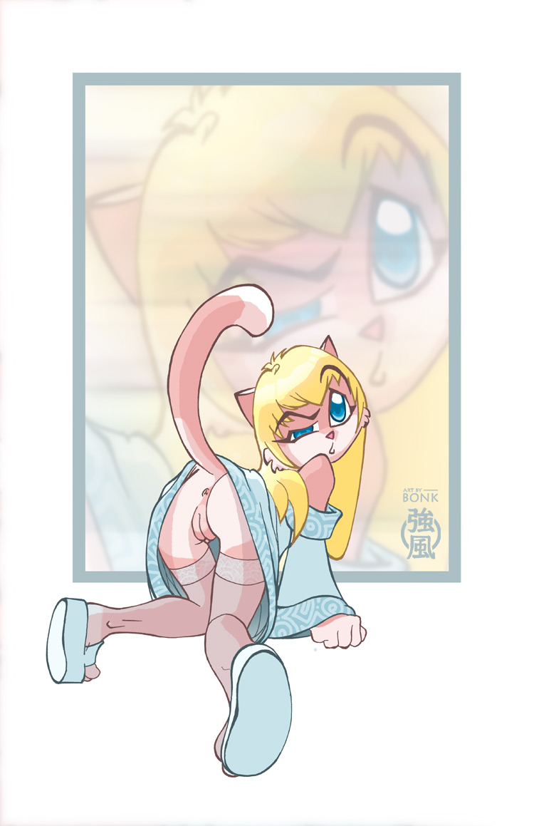 anus, blonde hair, blue eyes, from behind, furry, kneeling, looking at viewer, pussy, simple background, uncensored