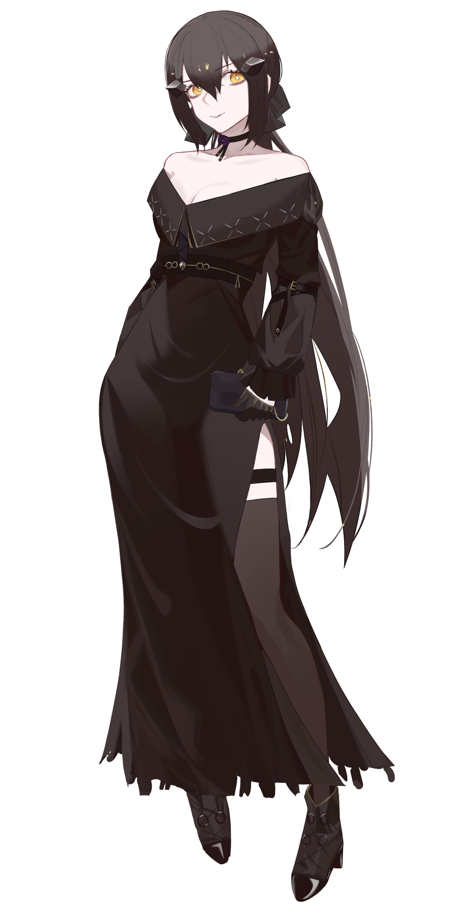 dandelion (girls' frontline), girls' frontline, girls' frontline 2: exilium, commentary, english commentary, highres, 1girl, :>, ankle boots, bare shoulders, bell sleeves, belt, black belt, black boots, black choker, black dress, black gloves, black hair, black thighhighs, boots, breasts, bright pupils, choker, cleavage, closed mouth, contrapposto, covered groin, double-parted bangs, dress, flower, flower choker, fringe trim, gloves, hair between eyes, half gloves, headgear, high belt, high heel boots, high heels, holding, long dress, long hair, long sleeves, medium breasts, ponytail, purple flower, purple rose, rose, side slit, simple background, sleeve garter, solo, standing, tachi-e, takaprince, thigh strap, thighhighs, v-neck, very long hair, white background, white pupils, yellow eyes