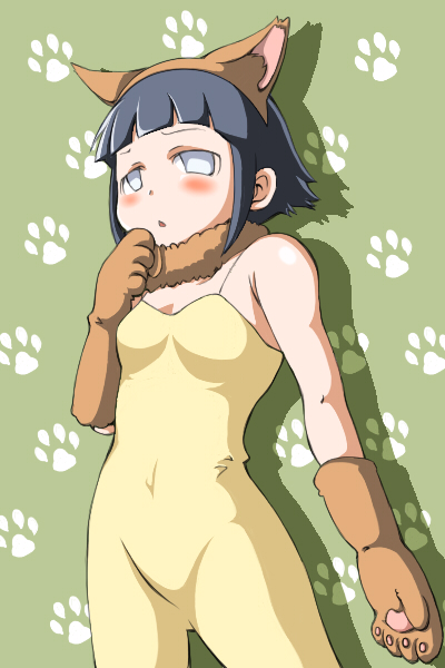 arakawa atsushi, hyuuga hinata, naruto (classic), naruto (series), animal ears, animal hands, blush, dog ears, fox ears, paw print, solo