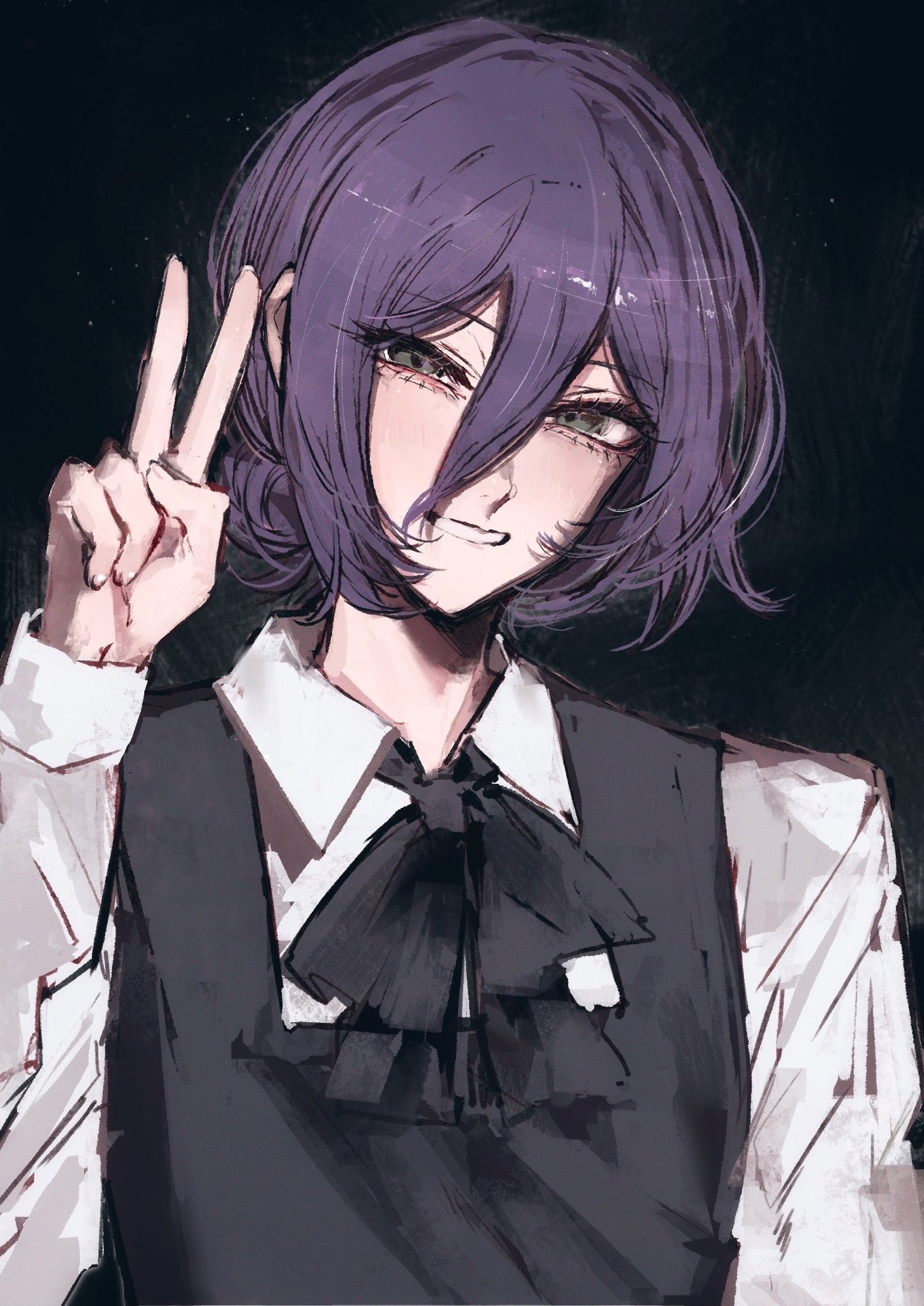 moku (muooku), reze (chainsaw man), chainsaw man, highres, 1girl, black background, black dress, dress, fourth east high school uniform, grey eyes, grin, hair between eyes, hair bun, hand up, long sleeves, pinafore dress, purple hair, school uniform, shirt, simple background, sleeveless, sleeveless dress, smile, teeth, v, white shirt