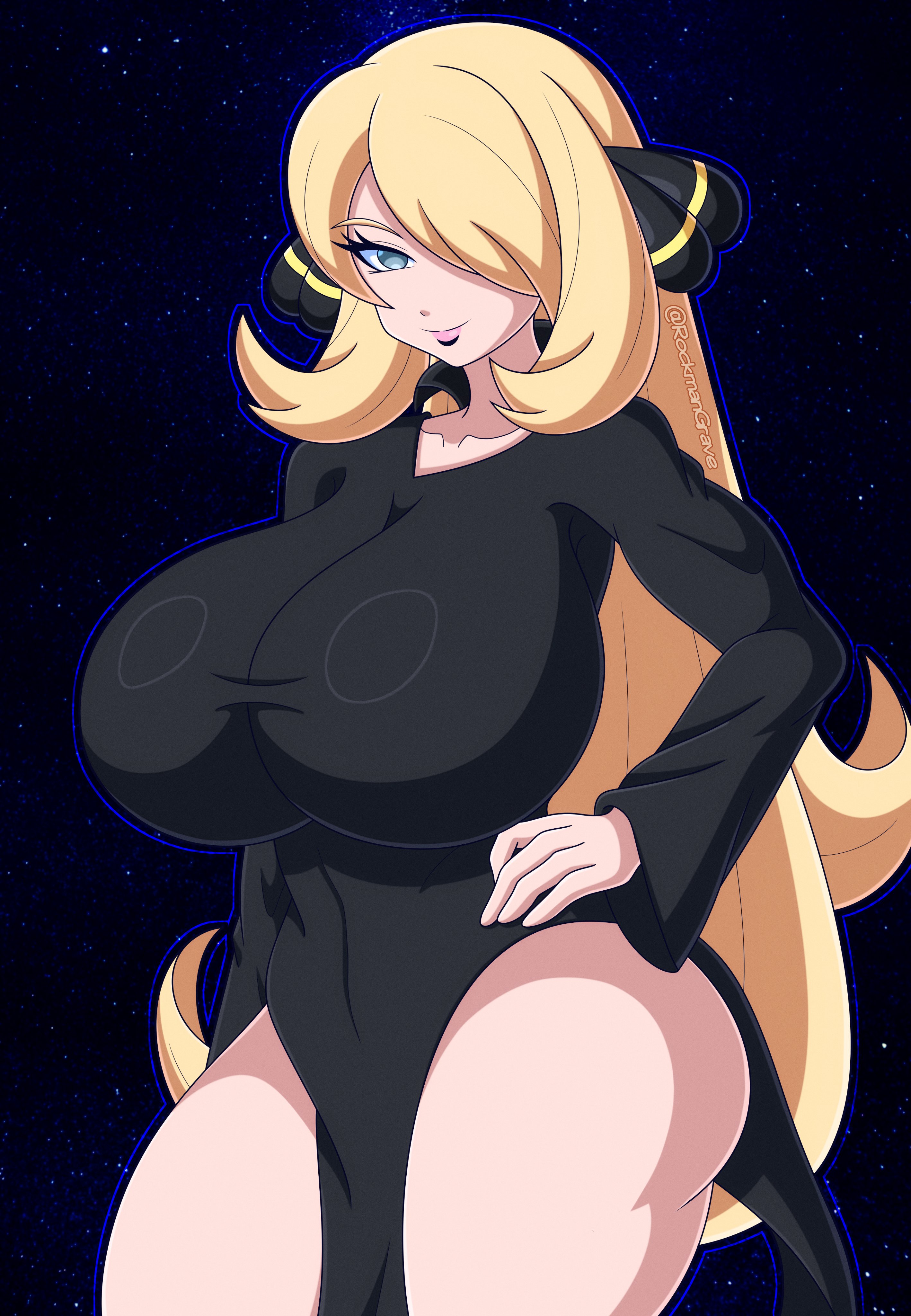 rockmangrave, cynthia (pokemon), nintendo, pokemon, pokemon dppt, absurdres, highres, 1girl, blonde hair, breasts, covered navel, dress, grey eyes, hair over one eye, half-closed eye, hand on own hip, huge breasts, legs, long hair, looking at viewer, mature female, pink lips, seductive gaze, seductive smile, smile, solo, thick thighs, thighs, very long hair