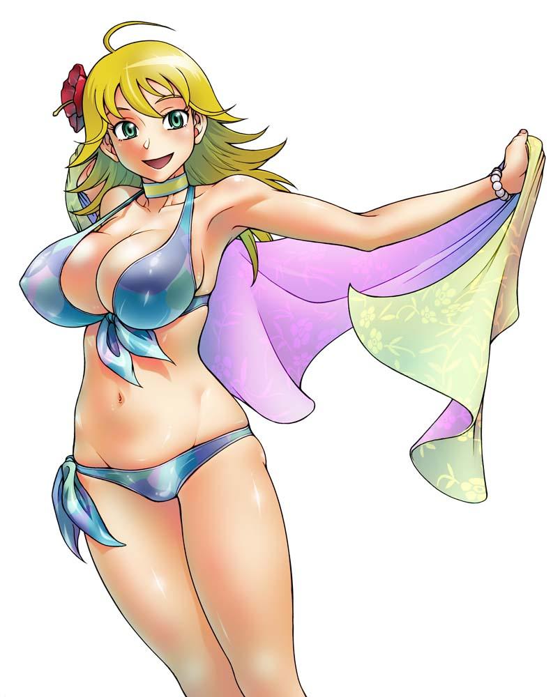fukudahda, hoshii miki, idolmaster, idolmaster (classic), 00s, :d, ahoge, armpits, bikini, blonde hair, bracelet, breasts, choker, curvy, flower, front-tie bikini top, front-tie top, green eyes, hair flower, hair ornament, huge breasts, jewelry, navel, open mouth, sarong, side-tie bikini bottom, smile, swimsuit