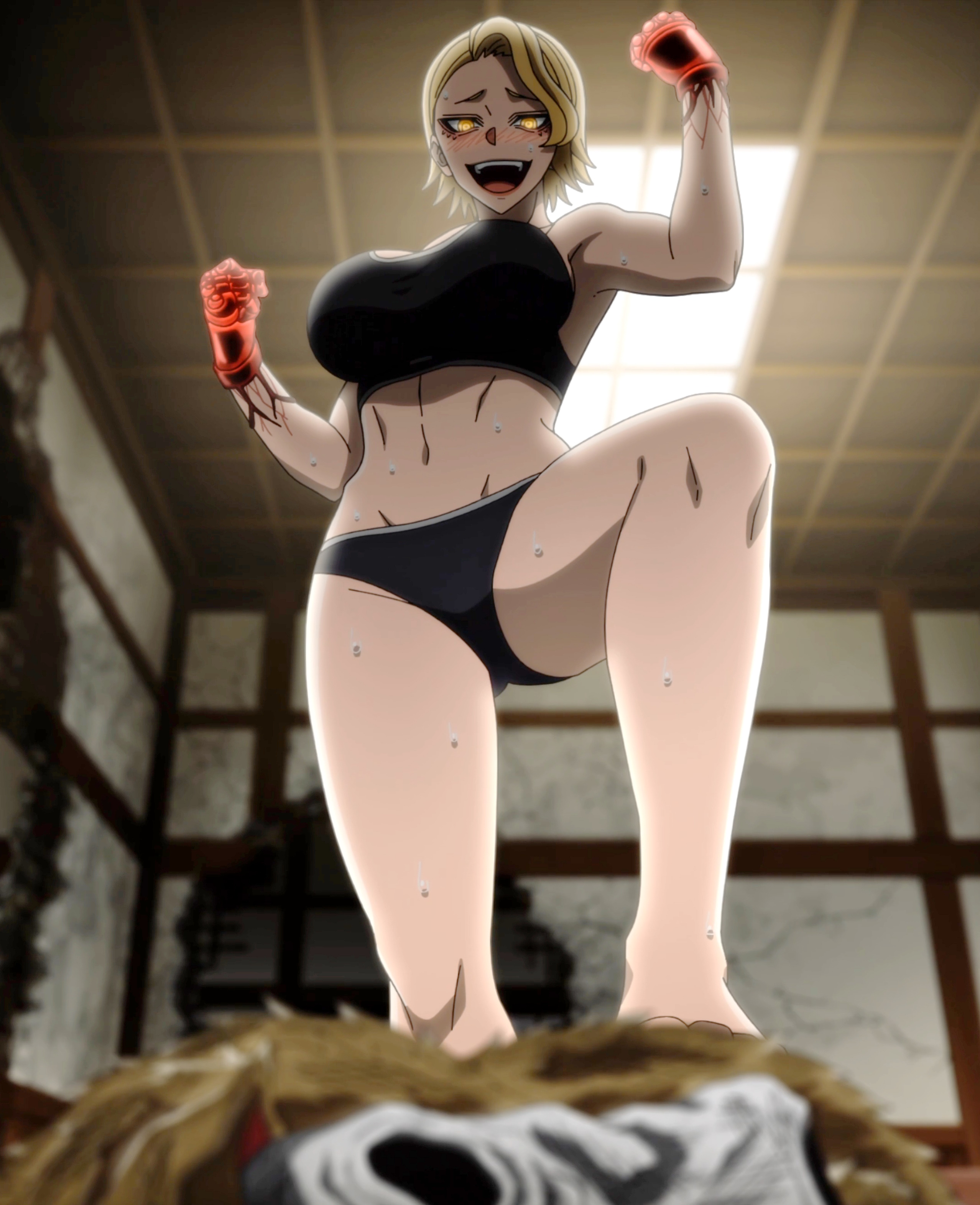 sazanami kuina, tougen anki, absurdres, anime screenshot, highres, stitched, third-party edit, 1girl, armpits, barefoot, blonde hair, blush, breasts, cleavage, clenched hands, female focus, large breasts, legs, looking down, matching hair/eyes, midriff, multicolored eyes, muscular, muscular female, navel, open mouth, ryona, short hair, solo, sports bikini, sports bra, stomach, sweat, thighs, tongue, wide hips, yellow eyes