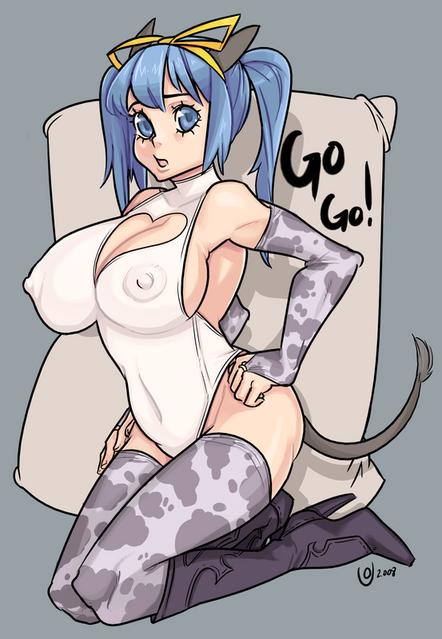 tagme, animal ears, blue eyes, blue hair, boots, breasts, cleavage, cow print, large breasts, tail