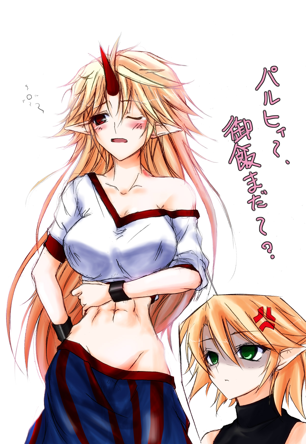 hazuki kasane, takamoto akisa, hoshiguma yuugi, mizuhashi parsee, touhou, highres, translated, 2girls, abs, blush, breasts, female focus, green eyes, groin, horns, large breasts, midriff, multiple girls, muscular, navel, off shoulder, orange hair, pointy ears, red eyes, single horn, sleeveless