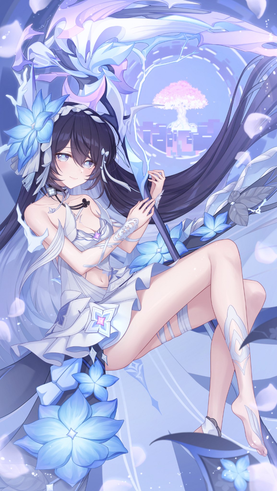 rinna (xxrinna), seele vollerei, seele vollerei (herrscher of rebirth), honkai (series), honkai impact 3rd, highres, second-party source, 1girl, bare shoulders, barefoot, black hair, blue flower, closed mouth, clothing cutout, colored inner hair, dress, floating hair, flower, hair flower, hair ornament, long hair, multicolored hair, navel, official alternate costume, official alternate hair length, official alternate hairstyle, smile, solo, stomach cutout, two-tone hair, very long hair, white dress