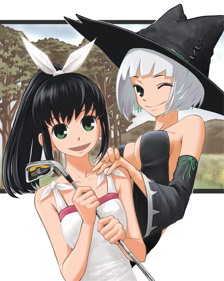 hana, brie, cadie (pangya), hana (pangya), pangya, bad id, bad pixiv id, 2girls, bare shoulders, black hair, bob cut, breasts, detached sleeves, golf club, green eyes, hat, medium breasts, multiple girls, one eye closed, ponytail, ribbon, small breasts, smile, white hair, wink, witch, witch hat