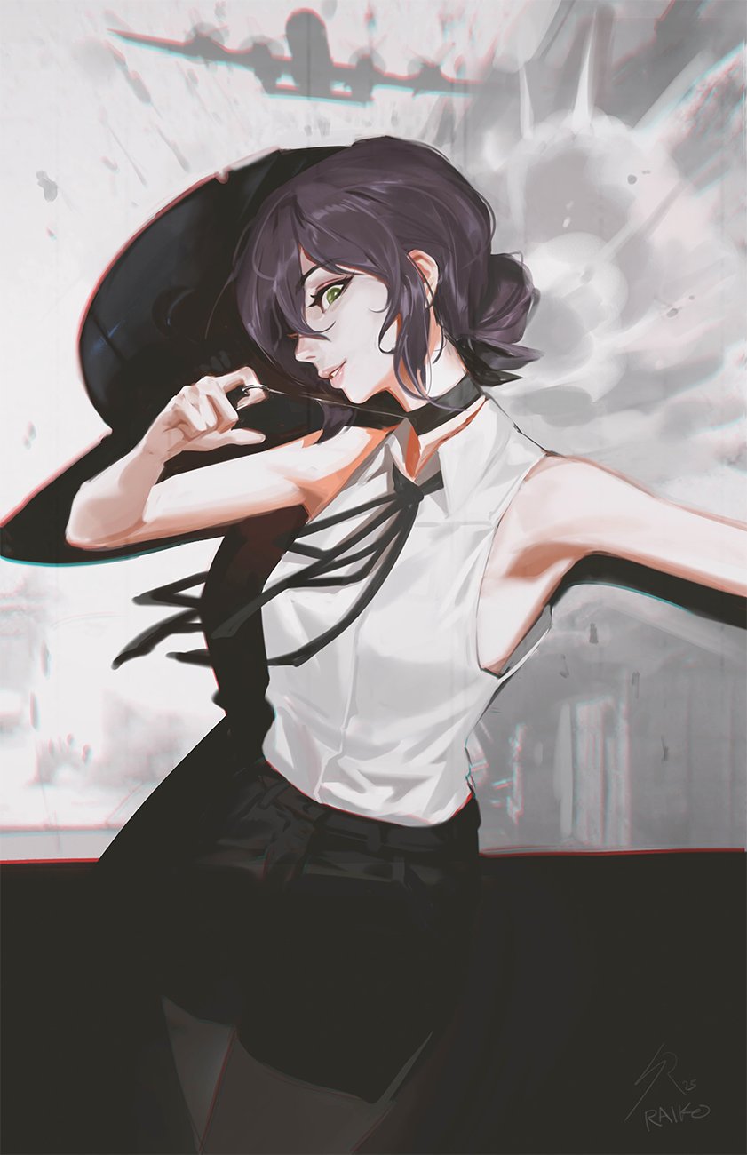 raikoart, bomb devil (chainsaw man), reze (chainsaw man), chainsaw man, highres, 1girl, aircraft, airplane, black choker, black ribbon, black shorts, choker, cord pull, different shadow, green eyes, looking at viewer, neck ribbon, pull cord, purple hair, ribbon, shadow, shirt, shorts, sleeveless, sleeveless shirt, solo, white shirt
