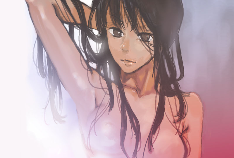 oira, oira (kagaribi), original, 1girl, armpits, breasts, female focus, large breasts, nude, solo, steam