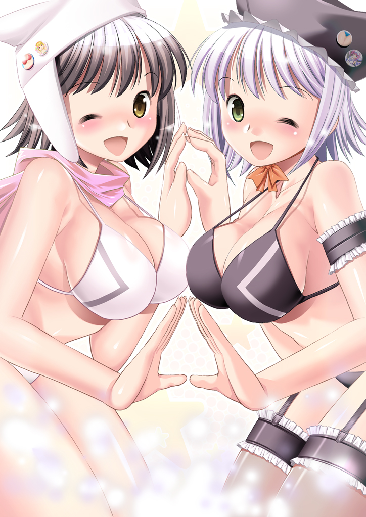 zouzou, original, 2girls, bikini, blush, breast press, breasts, garter belt, garter straps, hat, large breasts, multiple girls, one eye closed, swimsuit, symmetrical docking, wink
