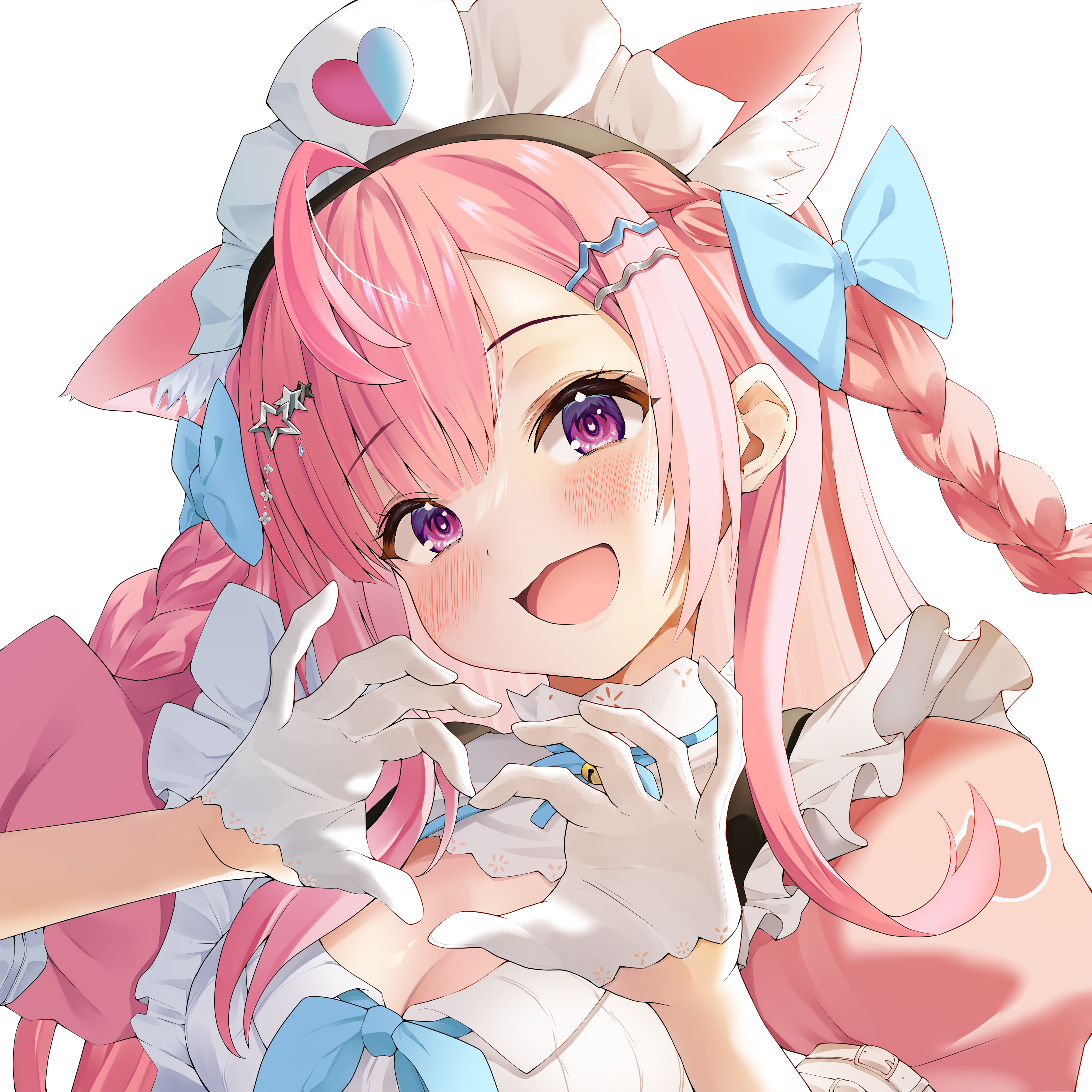 kairono3jou, yuuki sakuna, indie virtual youtuber, absurdres, highres, 1girl, ahoge, animal ears, animal print, bell, blue bow, blue ribbon, blush, bow, braid, breasts, cat ears, cat girl, cat hair ornament, cat print, cleavage, dress, extra ears, gloves, hair bow, hair ornament, hairclip, heart, heart hands, heart print, jingle bell, large breasts, long hair, looking at viewer, maid, maid headdress, neck bell, neck ribbon, open mouth, pink dress, pink eyes, pink hair, ribbon, short sleeves, simple background, smile, solo, star (symbol), star hair ornament, suspenders, two side up, virtual youtuber, white background, white dress, white gloves