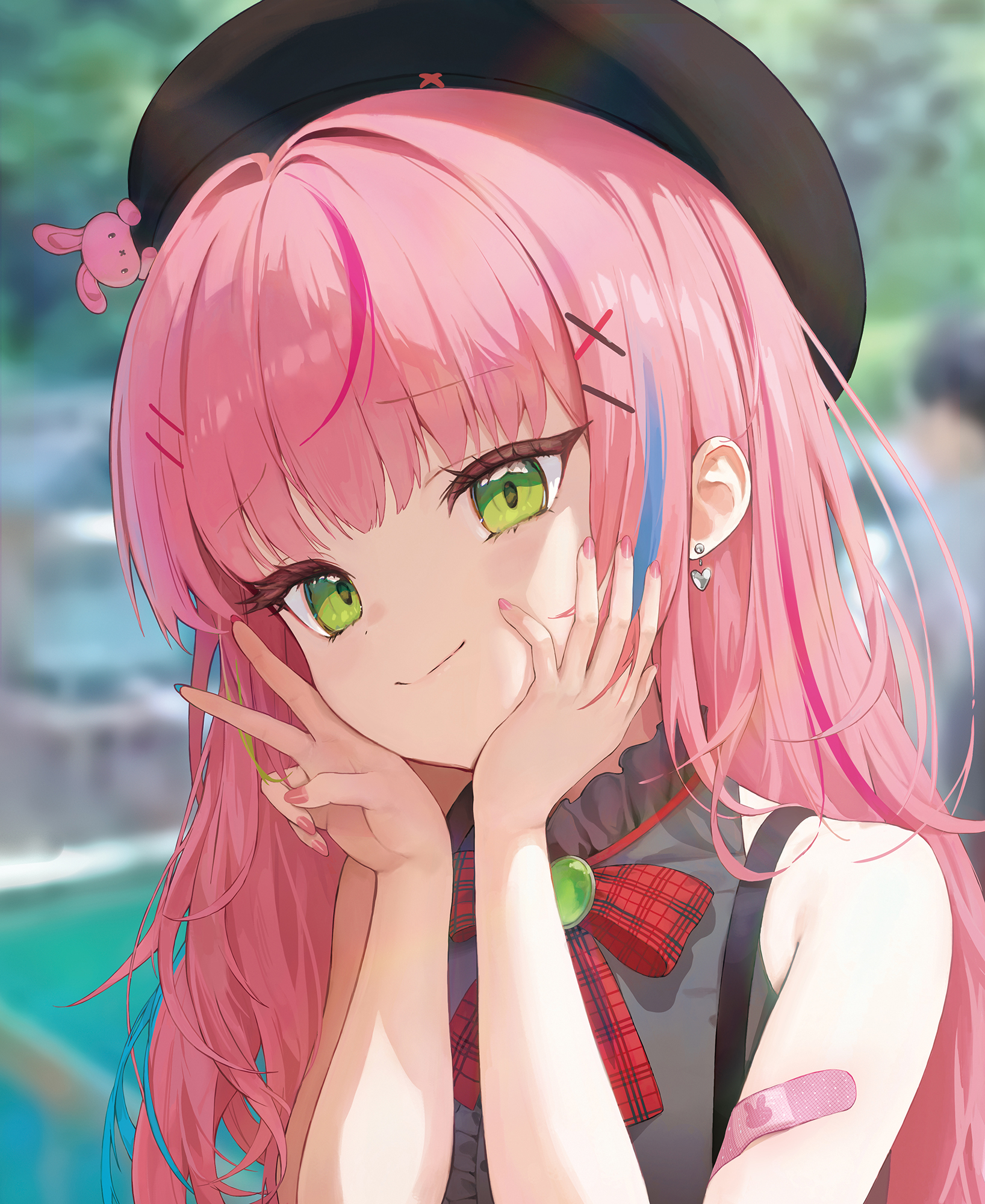 yangsongihand, hanako nana, peto (hanako nana), stellive, commentary, highres, 1girl, bandaid, bandaid on arm, beret, black hat, blurry, blurry background, bow, bowtie, brooch, closed mouth, depth of field, earrings, fingernails, frilled shirt collar, frills, gem, green eyes, green gemstone, grey shirt, hair ornament, hairclip, hands on own cheeks, hands on own face, hands up, hat, heart, heart earrings, jewelry, long hair, multicolored hair, nail polish, pink hair, pink nails, plaid bow, plaid bowtie, plaid clothes, red bow, red bowtie, shirt, smile, solo, straight hair, streaked hair, tsurime, upper body, v, virtual youtuber, wispy bangs, x hair ornament