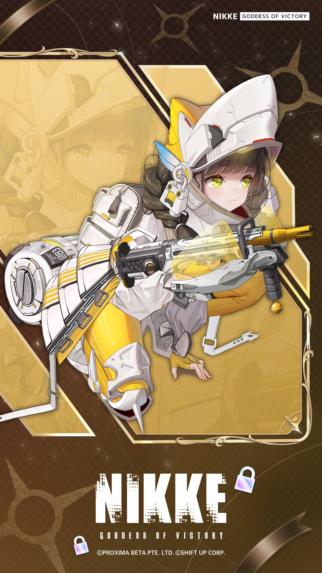 chime (nikke), goddess of victory: nikke, audible speech, commentary, english commentary, highres, japanese audio, official art, sound, 1girl, :3, backpack, bag, black shorts, braid, brown hair, closed mouth, dot nose, fingerless gloves, gloves, green eyes, gun, helmet, high heels, holding, holding gun, holding weapon, jacket, knee pads, long hair, long sleeves, shoes, shorts, single knee pad, smile, solo, sweater vest, thick eyebrows, thighhighs, twin braids, watermark, weapon, white bag, white jacket, white shoes, white sweater vest, yellow gloves, yellow thighhighs