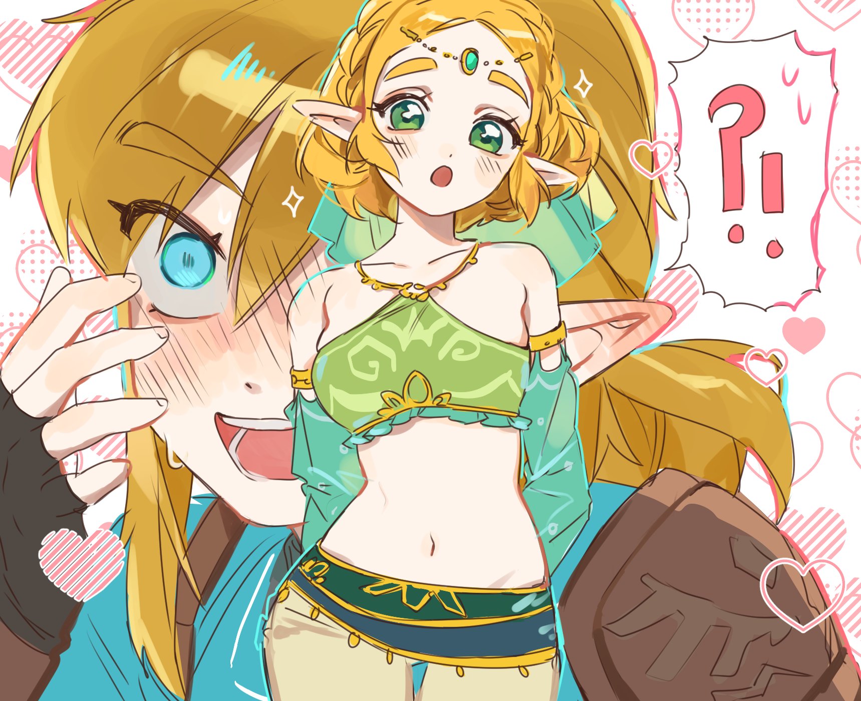 didi en ilu, link, princess zelda, nintendo, the legend of zelda, the legend of zelda: breath of the wild, highres, !?, 1boy, 1girl, aqua eyes, aqua sleeves, aqua tunic, aqua veil, armor, arms behind back, bare shoulders, black gloves, blonde hair, blush, braid, breasts, circlet, cowboy shot, crop top, crown braid, detached sleeves, fingerless gloves, gerudo set (zelda), gloves, gold trim, green eyes, green shirt, hair between eyes, hetero, leather armor, looking at another, low ponytail, medium breasts, midriff, navel, open mouth, panties, parted bangs, pointy ears, ponytail, sash, shirt, short hair, shoulder armor, sidelocks, sweat, tunic, underwear, upper body, veil, waist sash, white panties