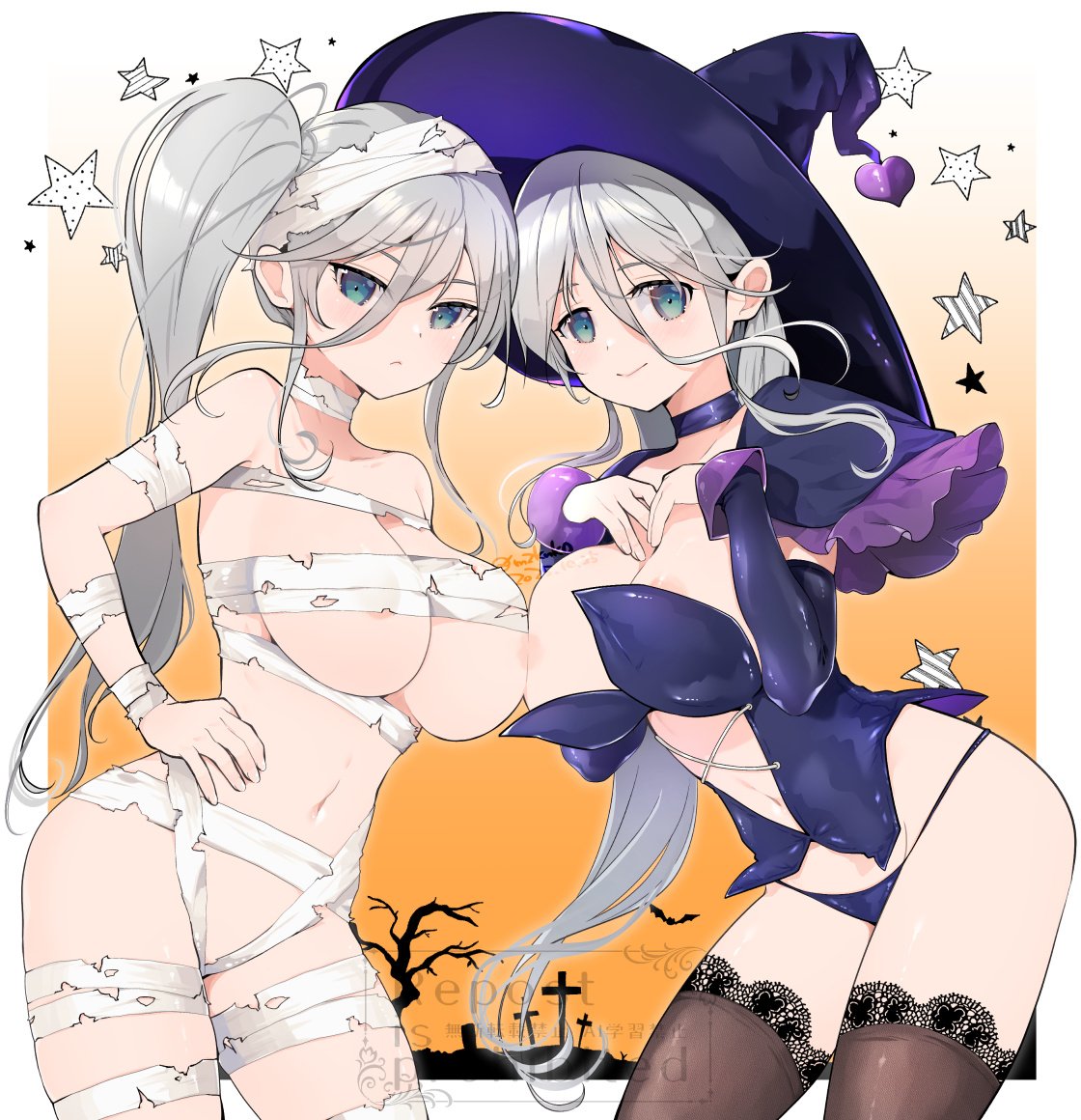 kinako (mzknk0), gekkou (senran kagura), senkou (senran kagura), senran kagura, commentary, commission, skeb commission, 2girls, alternate costume, alternate hairstyle, aqua eyes, areola slip, asymmetrical docking, bandage on hair, bandaged arm, bandaged chest, bandaged head, bandaged leg, bandaged torso, bandages, black capelet, black leotard, black panties, black thighhighs, breast press, breasts, capelet, cleavage, closed mouth, covered erect nipples, dot mouth, fur-trimmed capelet, fur trim, graveyard, grey hair, hair between eyes, halloween, halloween costume, hand on own hip, happy halloween, hat, lace, lace-trimmed thighhighs, lace trim, large hat, leotard, long hair, multiple girls, mummy, mummy costume, naked bandage, navel, panties, siblings, side ponytail, sisters, smile, star (symbol), string panties, thighhighs, underwear, witch, witch hat