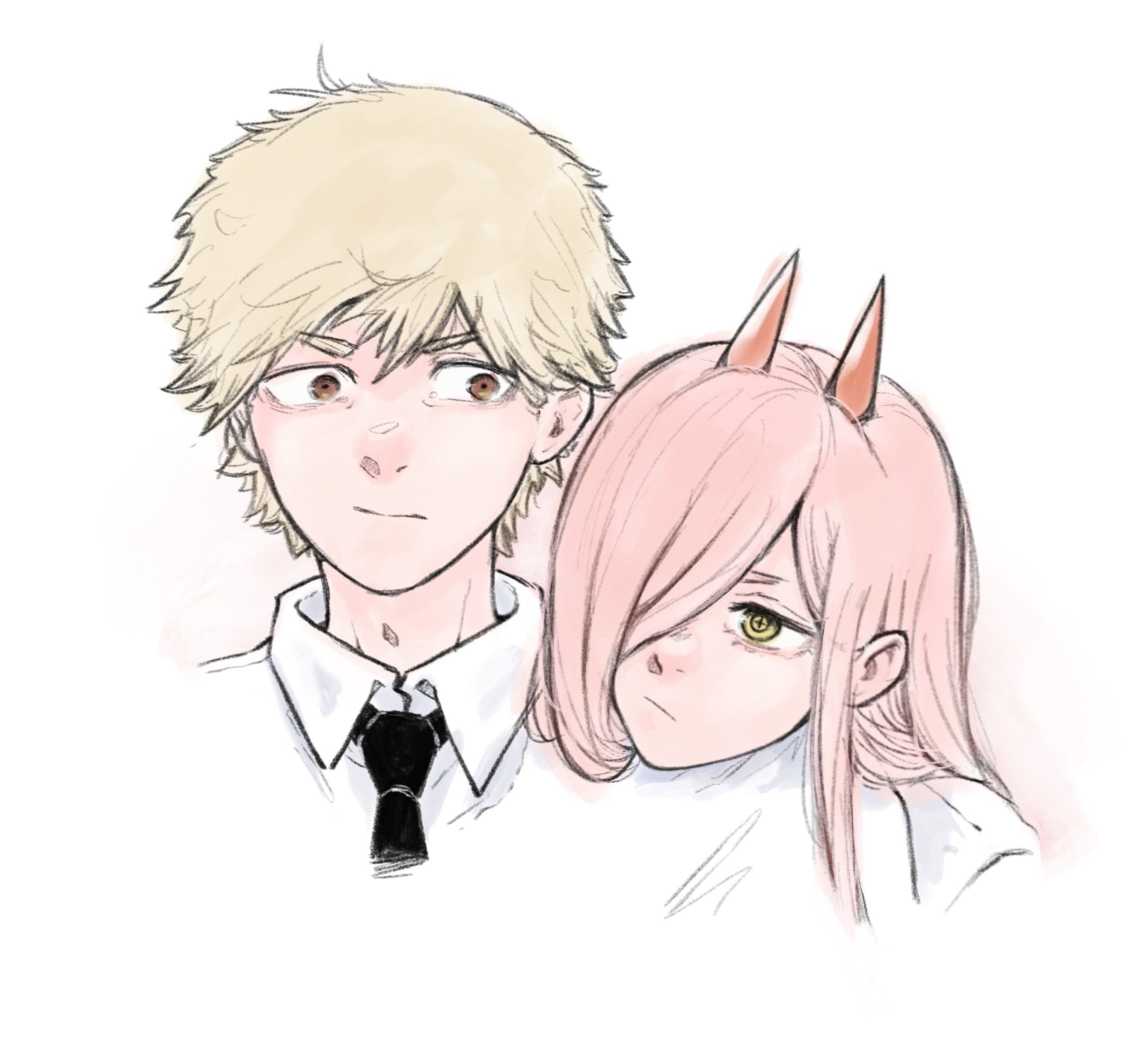 neas57, denji (chainsaw man), power (chainsaw man), chainsaw man, absurdres, highres, 1boy, 1girl, black necktie, brown eyes, closed mouth, collared shirt, cross-shaped pupils, demon girl, demon horns, hair over one eye, horns, long hair, necktie, pink hair, red horns, shirt, short hair, symbol-shaped pupils, white background, white shirt, yellow eyes