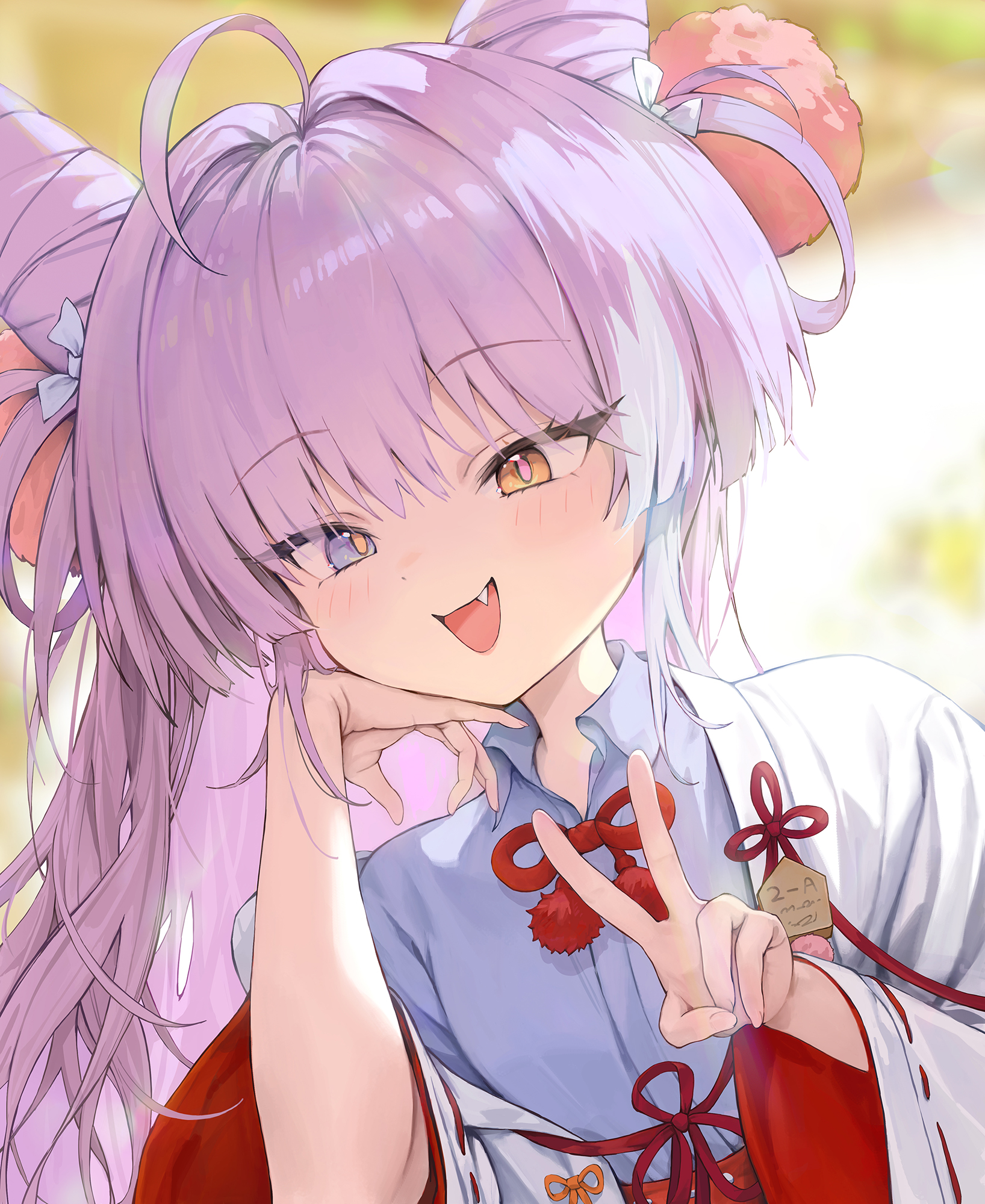 yangsongihand, tenko shibuki, stellive, commentary, highres, 1girl, ahoge, blue eyes, blue shirt, bow, bowtie, collared shirt, cone hair bun, double bun, dutch angle, fang, hair bun, hair ornament, hair rings, hand on own cheek, hand on own face, hands up, heterochromia, japanese clothes, kosode, long hair, long sleeves, miko, open mouth, pink pupils, pom pom (clothes), pom pom hair ornament, purple hair, red bow, red bowtie, shirt, smile, upper body, v, virtual youtuber, wide sleeves, wing collar, wispy bangs, yellow eyes, yellow pupils