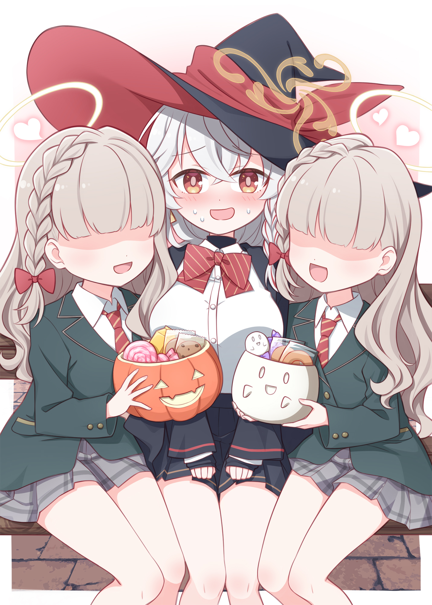 harada (sansei rain), eri (blue archive), blue archive, commentary request, highres, 3girls, :d, black hat, black jacket, black skirt, blazer, blush, bow, bowtie, braid, breasts, brown eyes, candy, collared shirt, diagonal-striped bow, diagonal-striped bowtie, diagonal-striped clothes, diagonal-striped necktie, faceless, faceless female, food, green jacket, grey hair, grey skirt, hair bow, halloween, halloween bucket, halo, hat, jacket, large breasts, long hair, long sleeves, looking at viewer, miniskirt, multiple girls, necktie, nervous sweating, open mouth, plaid clothes, plaid skirt, red bow, red bowtie, red necktie, shaded face, shirt, sitting, skirt, smile, striped bow, striped bowtie, striped clothes, sweat, traditional halo, white hair, white shirt, witch hat, yellow halo