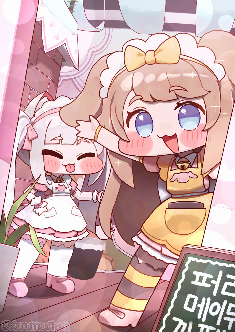 kuruinuchan, butter (trickcal), kommy (trickcal), trickcal, commentary request, highres, korean commentary, translation request, 2girls, :3, animal ears, apron, arm up, blue eyes, blunt bangs, blush, bow, brown hair, cat ears, cat girl, chalkboard, closed mouth, dog ears, dog girl, doorway, dress, dutch angle, excited, fang, hair bow, korean text, long hair, looking at viewer, maid, maid cafe, maid headdress, multiple girls, no sclera, open mouth, pink dress, plant, potted plant, pov doorway, short dress, sign, smile, sparkle, striped clothes, striped thighhighs, thighhighs, tongue, tongue out, twintails, waving, white apron, white hair, white thighhighs, yellow apron, yellow bow, yellow thighhighs