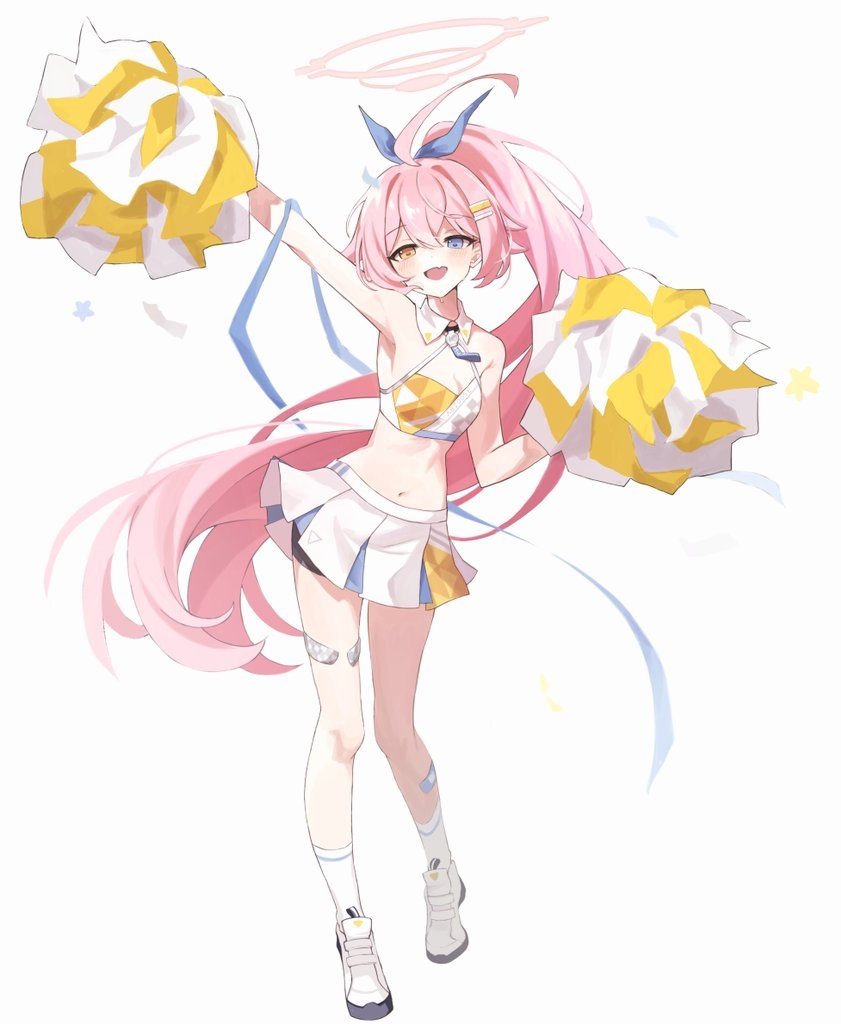 hoshino (blue archive), blue archive, 1girl, :d, ahoge, alternate costume, arm up, armpits, bandaid, bandaid on leg, bare arms, bare shoulders, bike shorts, blue bow, blue eyes, blue necktie, bow, breasts, cheering, cheerleader, cleavage, contrapposto, cosplay, criss-cross halter, detached collar, fang, full body, hair bow, hair flaps, hair ornament, hairclip, halo, halterneck, hand up, heterochromia, high ponytail, holding, holding pom poms, huge ahoge, imro 0000, long hair, looking at viewer, midriff, millennium cheerleader outfit (blue archive), miniskirt, navel, necktie, open mouth, orange eyes, parallel hairclips, pink hair, pink halo, pleated skirt, pom pom (cheerleading), pom poms, ponytail, shoes, short necktie, simple background, skin fang, skirt, small breasts, smile, sneakers, socks, solo, sports bra, standing, star (symbol), sweat, very long hair, white background, white shoes, white skirt, white socks, white sports bra