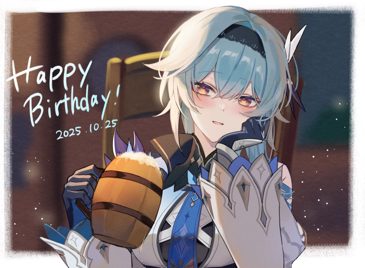 eula (genshin impact), genshin impact, 1girl, black gloves, black hairband, blue hair, blue necktie, blush, border, breasts, chair, cup, dated, gloves, hair ornament, hairband, happy birthday, head on hand, head rest, holding, holding cup, large breasts, long sleeves, looking at viewer, medium hair, necktie, on chair, orange eyes, parted lips, siina 0320, sitting, solo, tankard, upper body, white border, wide sleeves