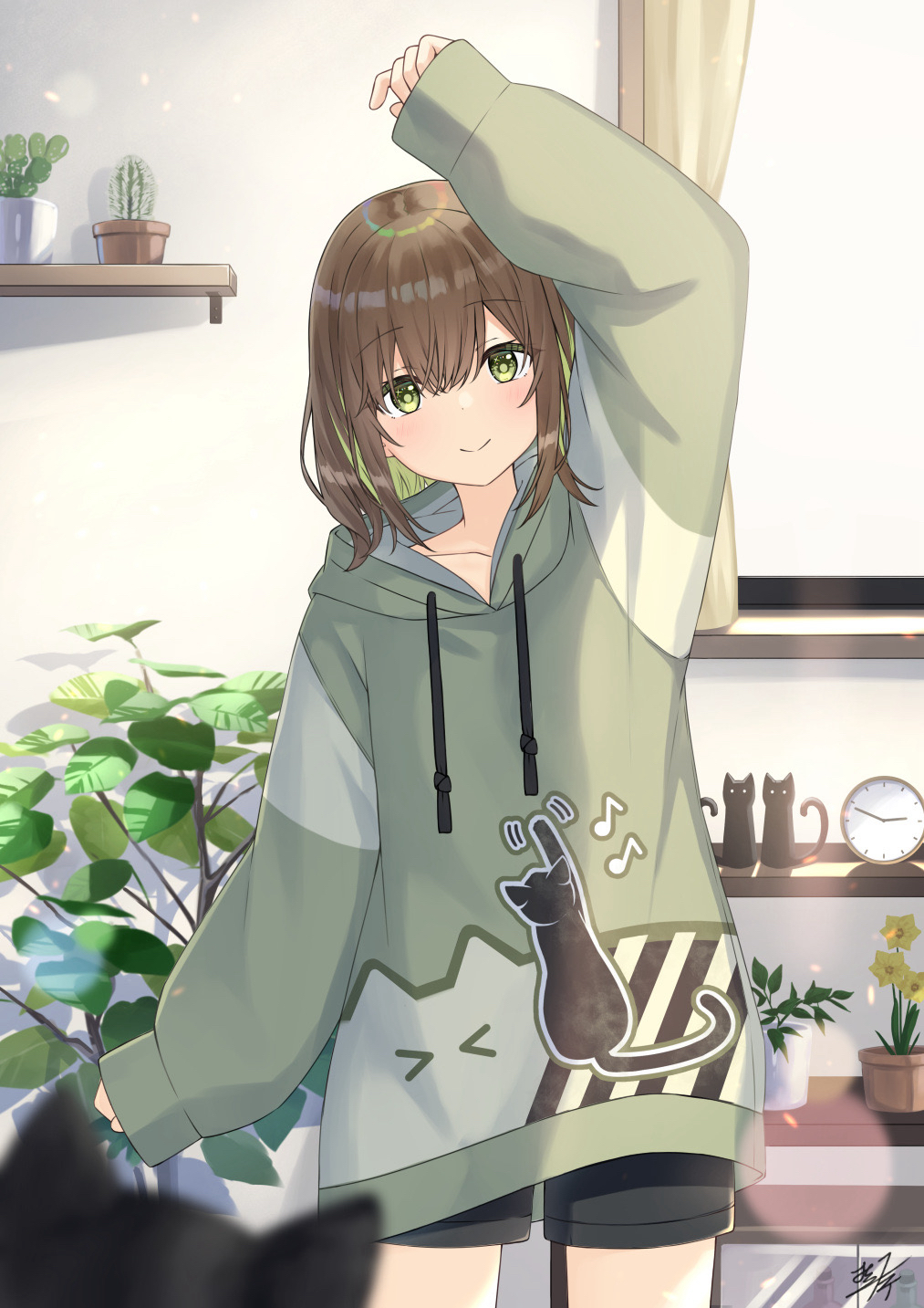 miko fly, original, commentary request, highres, 1girl, animal, arm up, black cat, black shorts, blurry, blurry foreground, brown hair, cactus, cat, closed mouth, collarbone, colored inner hair, curtains, day, depth of field, drawstring, eighth rest, flower, green eyes, green hair, green hoodie, hood, hood down, hoodie, indoors, long sleeves, looking at viewer, multicolored hair, plant, potted plant, puffy long sleeves, puffy sleeves, shelf, shorts, signature, sleeves past wrists, smile, solo, standing, sunlight, two-tone hair, window, yellow flower