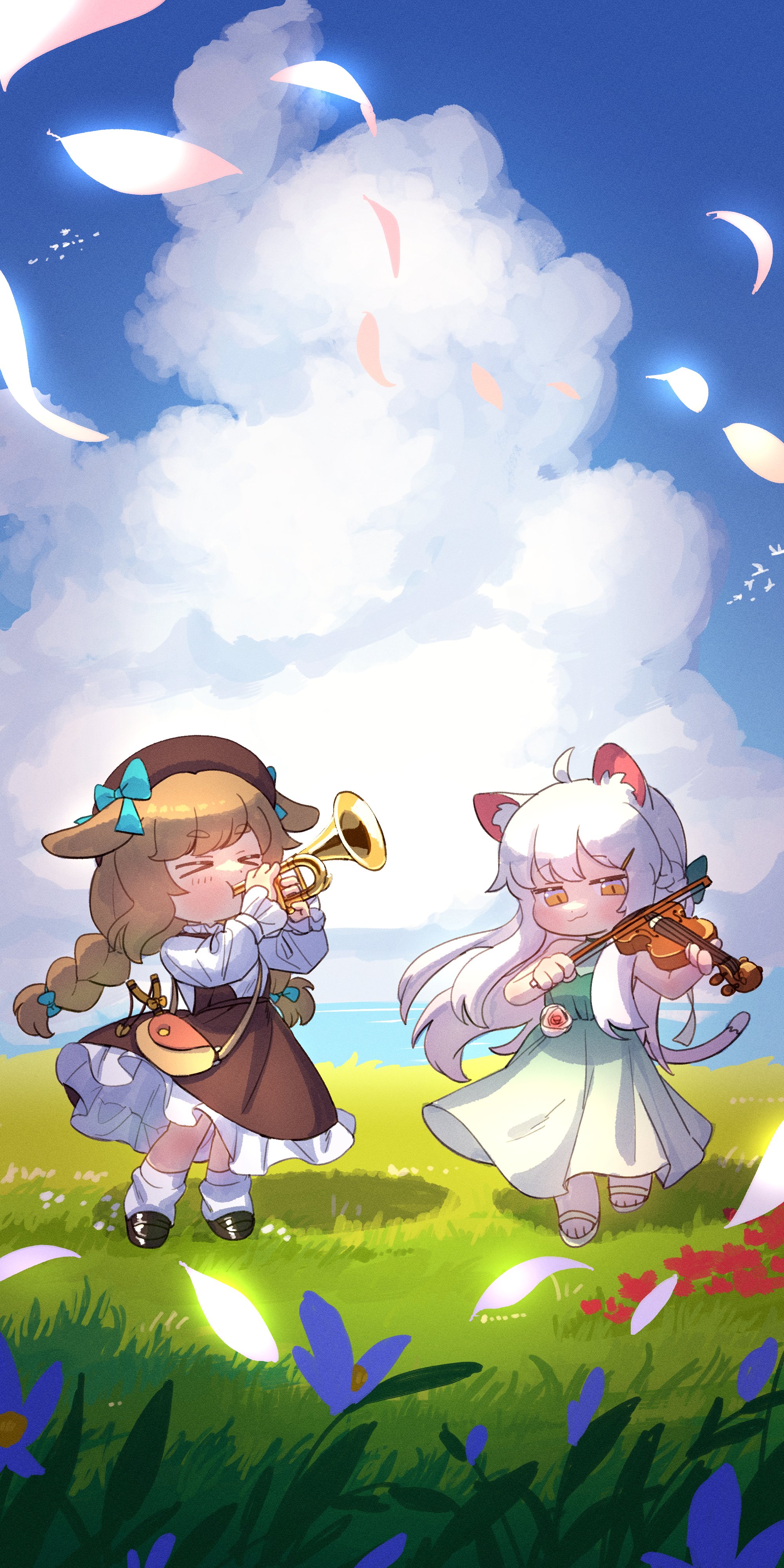 hobgoblin-kim, butter (trickcal), kommy (trickcal), trickcal, absurdres, commentary request, highres, korean commentary, > <, 2girls, ahoge, animal ears, bag, beret, blue flower, blue sky, blush, bow (music), braid, brown hair, brown hat, brown skirt, cat ears, cat girl, cat tail, closed mouth, cloud, cumulonimbus cloud, day, dog ears, dog girl, dress, falling petals, field, flower, full body, grass, green dress, half up braid, hat, holding, holding bow (music), holding instrument, holding trumpet, holding violin, horizon, instrument, leg warmers, loafers, long hair, multiple girls, music, ocean, outdoors, petals, playing instrument, red flower, sandals, shirt, shoes, shoulder bag, skirt, sky, sleeveless, sleeveless dress, smile, standing, tail, trumpet, twin braids, violin, white hair, white leg warmers, white shirt, yellow eyes