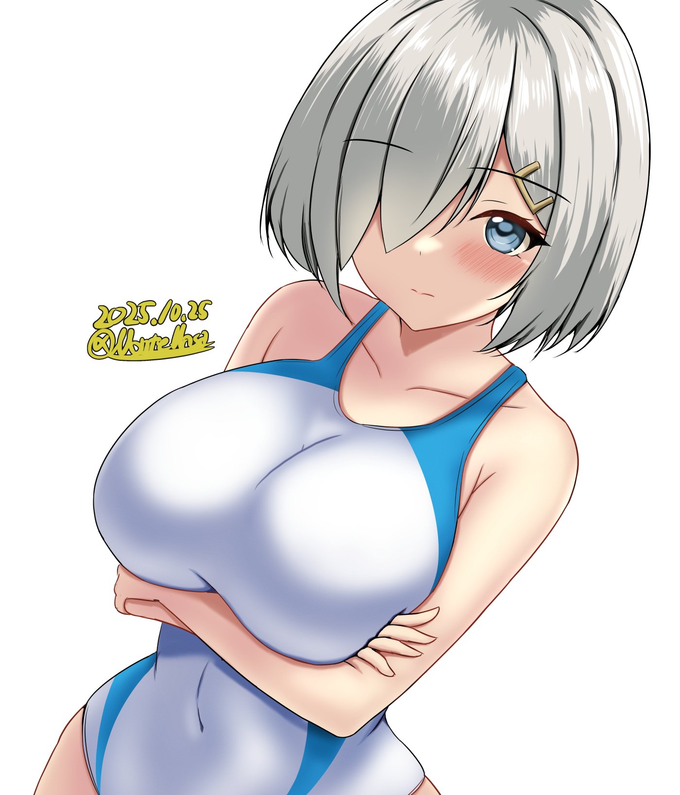 montemasa, hamakaze (kancolle), kantai collection, highres, 1girl, blue eyes, blue one-piece swimsuit, breasts, competition swimsuit, covered navel, crossed arms, dated, grey hair, hair ornament, hair over one eye, hairclip, impossible clothes, impossible swimsuit, large breasts, looking at viewer, one-hour drawing challenge, one-piece swimsuit, short hair, solo, swimsuit, twitter username, two-tone swimsuit, upper body, white one-piece swimsuit