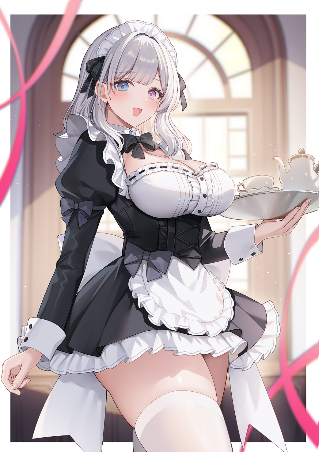 original, commentary request, commission, highres, skeb commission, 1girl, apron, black bow, black dress, blue eyes, blush, border, bow, breasts, buttons, center frills, cleavage, collared dress, criss-cross strings, cup, dress, frilled dress, frilled headwear, frills, hand up, heterochromatic eyewear, holding, holding tray, indoors, inset border, large breasts, light particles, long sleeves, maid, maid apron, maid headdress, mocchiri290, open mouth, pink ribbon, puffy long sleeves, puffy sleeves, purple eyes, ribbon, sleeve cuffs, smile, teacup, teapot, thighhighs, thighs, tinted eyewear, tray, white apron, white border, white hair, white thighhighs, white wrist cuffs, window, wrist cuffs
