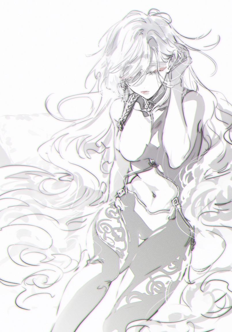 xrjingx, shenhe (genshin impact), genshin impact, chinese commentary, commentary request, 1girl, alternate hairstyle, arm up, bare shoulders, bodysuit, chromatic aberration, closed eyes, closed mouth, clothing cutout, earrings, eyeliner, hair down, hair over one eye, jewelry, knee up, lips, long hair, makeup, monochrome, navel, red eyeliner, red lips, simple background, single earring, sitting, sketch, sleeveless, sleeveless bodysuit, solo, spot color, stomach cutout, tassel, tassel earrings, tucking hair, white background