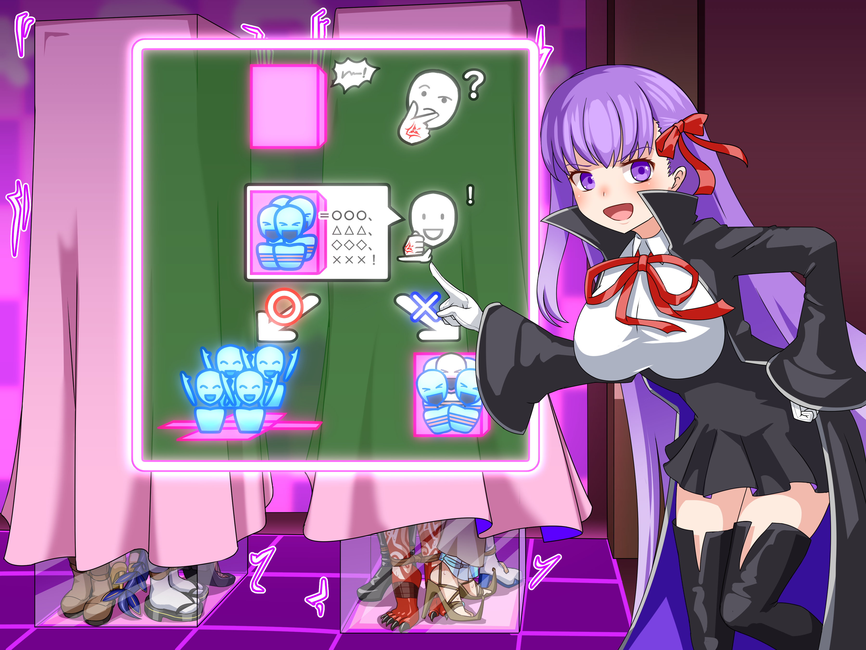 thalter39o, bb (fate), bb (fate/extra), ibaraki douji (fate), fate/grand order, fate (series), absurdres, character request, commentary request, highres, black thighhighs, boots, bound, bound ankles, character name, curtains, emoji, gloves, hair ribbon, hand on own hip, high heel boots, high heels, mask, mouth mask, pictogram, pointing, purple eyes, purple hair, red ribbon, ribbon, sandals, sharp toenails, socks, thighhighs, thinking emoji, tied up (nonsexual), toenails, white gloves, white socks