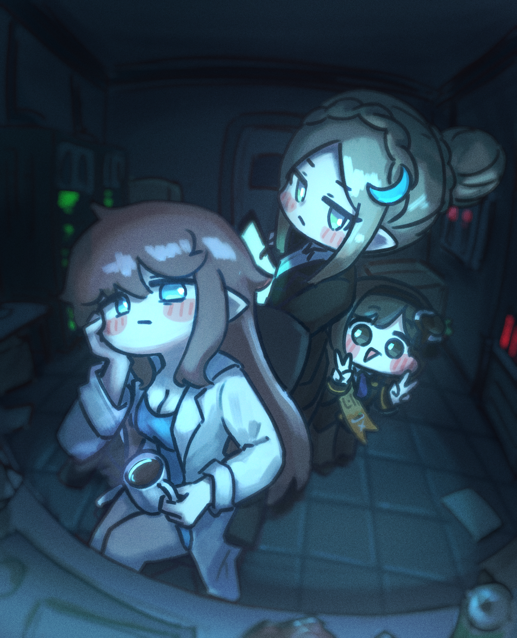 goranears, amelia (trickcal), elena (trickcal), trickcal, highres, at computer, bags under eyes, black jacket, blue eyes, blue shirt, blurry, blurry background, blush, braid, breasts, brown hair, chair, cleavage, coat, coffee, crown braid, cup, dark room, double v, fisheye, hair bun, hand on own chin, head rest, holding, holding cup, indoors, jacket, jitome, lab coat, large breasts, long hair, looking at viewer, looking to the side, office chair, on chair, open clothes, open coat, open mouth, pointy ears, rohne (trickcal), sash, server, shirt, shoulder sash, single hair bun, sitting, smile, standing, swivel chair, tile floor, tiles, v, white coat