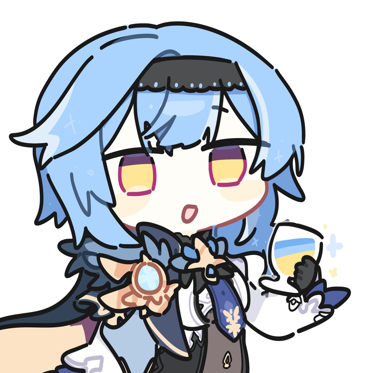 g4ori, eula (genshin impact), genshin impact, highres, 1girl, black gloves, black hairband, blue hair, blue necktie, chibi, cup, gloves, hairband, holding, holding cup, medium hair, necktie, open mouth, side cape, simple background, solo, vision (genshin impact), white background, wide sleeves, yellow eyes