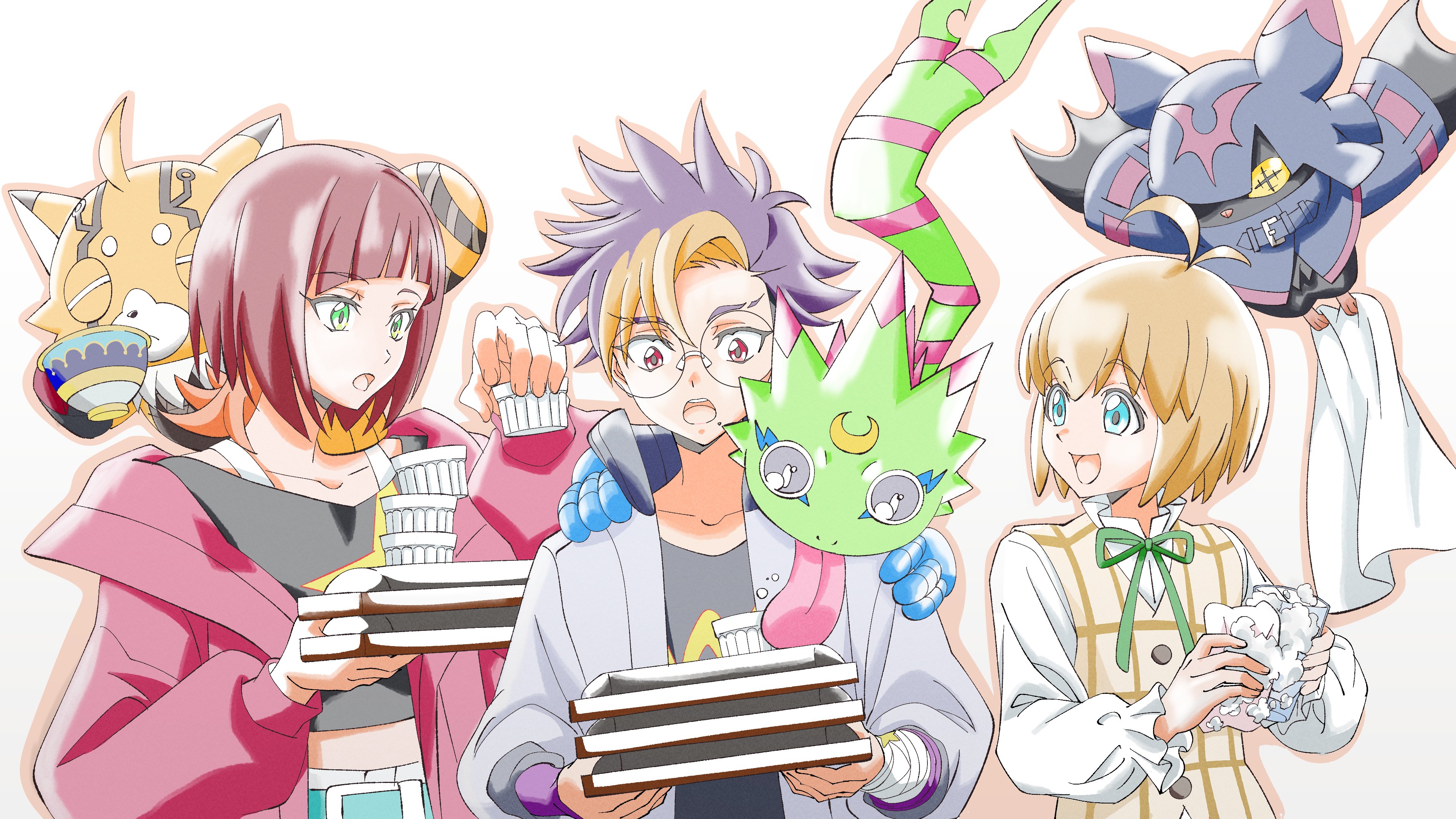 chiropmon, gekkomon, kuonji makoto, pristimon, sakuya reina, tenma tomoro, digimon, digimon beatbreak, toei company, absurdres, artist request, highres, official art, 1girl, 2boys, bat wings, digimon (creature), glasses, group picture, jacket, multicolored hair, multiple boys, multiple others, open clothes, open jacket, open mouth, round eyewear, shirt, short hair, simple background, stuffed toy, two-tone hair, white background, wings