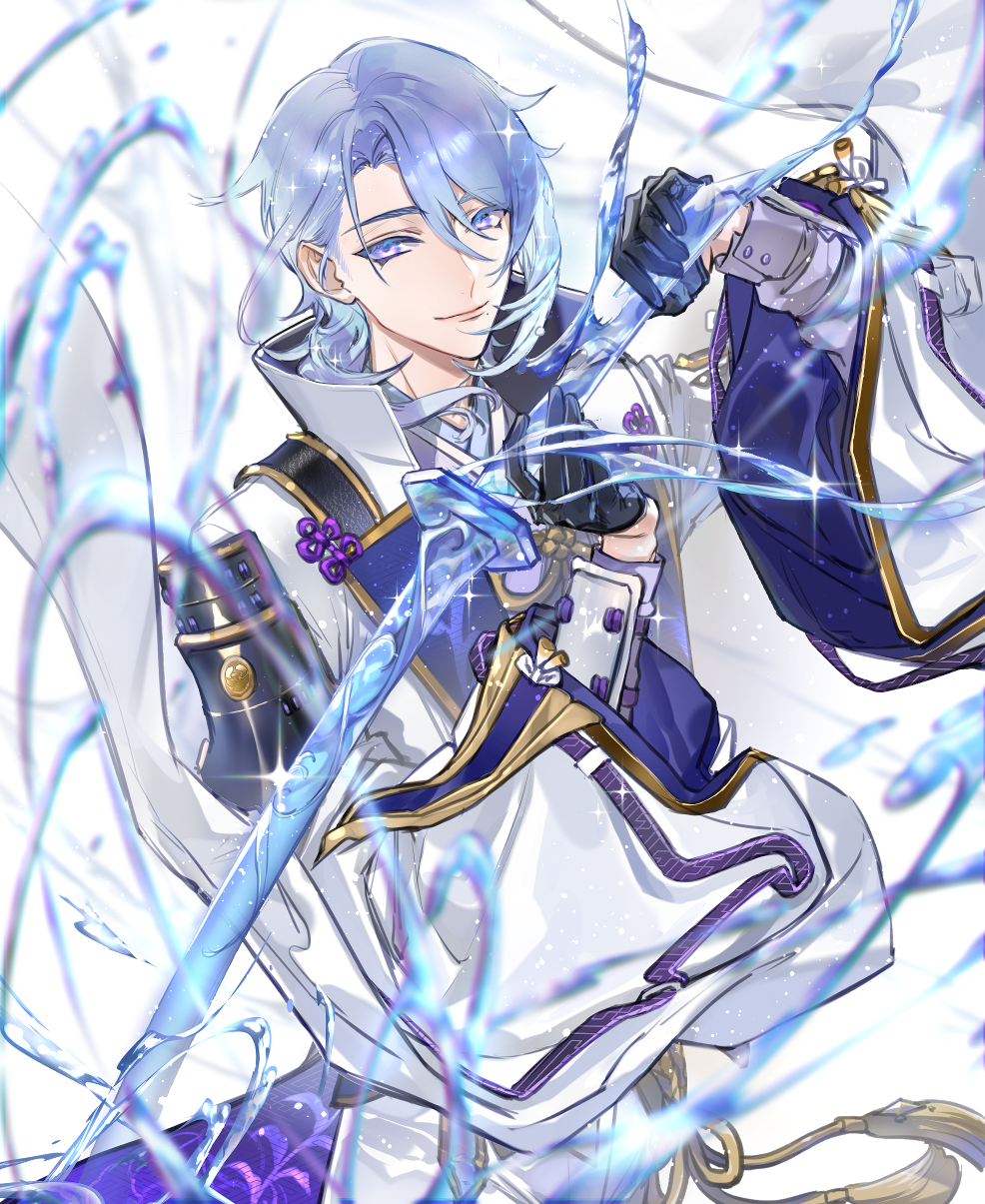 xrjingx, kamisato ayato, genshin impact, highres, 1boy, arm guards, armor, asymmetrical armor, asymmetrical hair, black armor, black gloves, blue hair, blurry, closed mouth, coat, colored eyelashes, colored lapels, curtained hair, depth of field, gloves, gold trim, hair between eyes, hair over shoulder, half gloves, hands up, holding, holding sword, holding weapon, hydrokinesis, japanese armor, lapels, liquid weapon, long sleeves, looking at viewer, male focus, medium hair, mole, mole under mouth, open clothes, open coat, pants, parted bangs, popped collar, purple eyes, purple shirt, ribbon-trimmed sleeves, ribbon trim, shirt, shoulder armor, single sode, smile, sode, solo, sword, tailcoat, tassel, two-sided coat, two-sided fabric, water, weapon, white background, white coat, white pants, wide sleeves