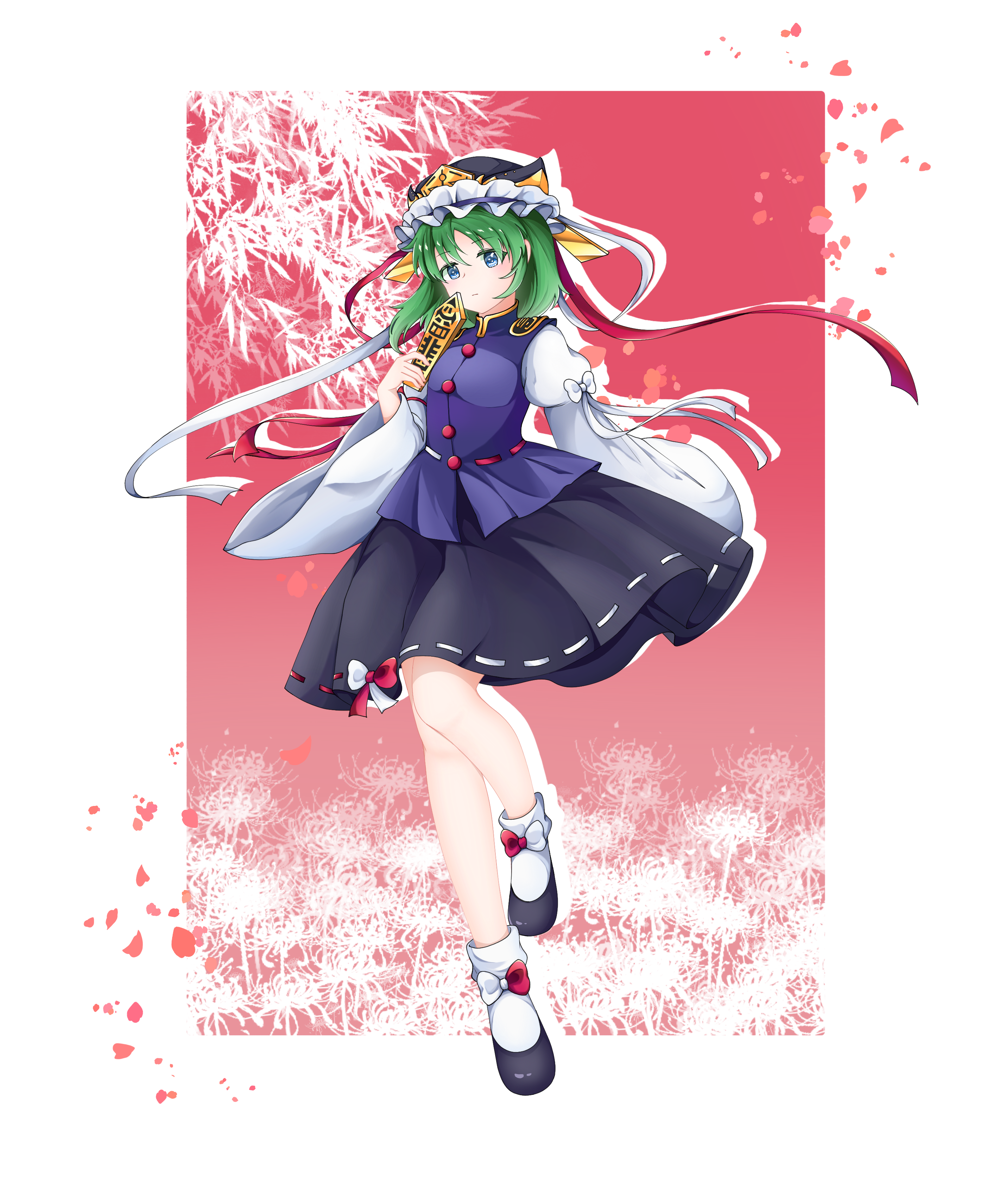 wu yu wanwan, shiki eiki, touhou, absurdres, chinese commentary, commentary request, highres, 1girl, black hat, black shoes, black skirt, blue eyes, blue vest, bow, bow legwear, buttons, closed mouth, epaulettes, falling petals, flower, frilled hat, frills, green hair, hat, holding, long sleeves, medium hair, petals, red background, red bow, red ribbon, ribbon, ribbon-trimmed skirt, ribbon-trimmed vest, ribbon trim, rod of remorse, shirt, shoes, skirt, sleeve bow, socks, solo, spider lily, standing, standing on one leg, two-tone bow, vest, white bow, white shirt, white socks, wide sleeves