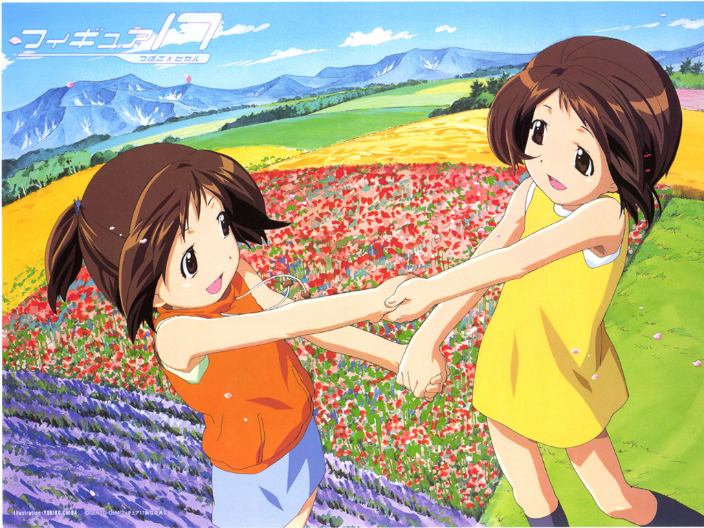 chiba yuriko, shiina hikaru, shiina tsubasa, figure 17, 00s, 2girls, child, cloud, day, field, flower, grass, holding hands, mountain, multiple girls, nature, petals, siblings, sisters, sky, summer, tree, twins